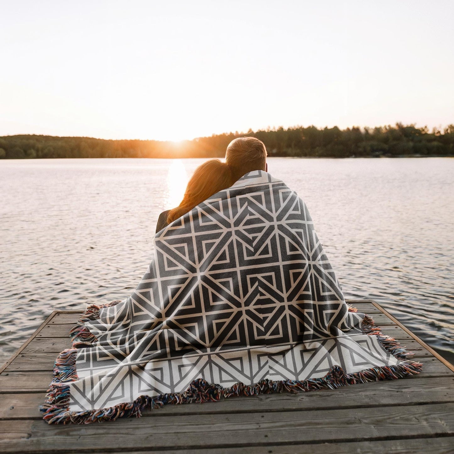 Woven Cotton Blanket - Modern Black White Geometric Pattern Throw With Fringed Edges