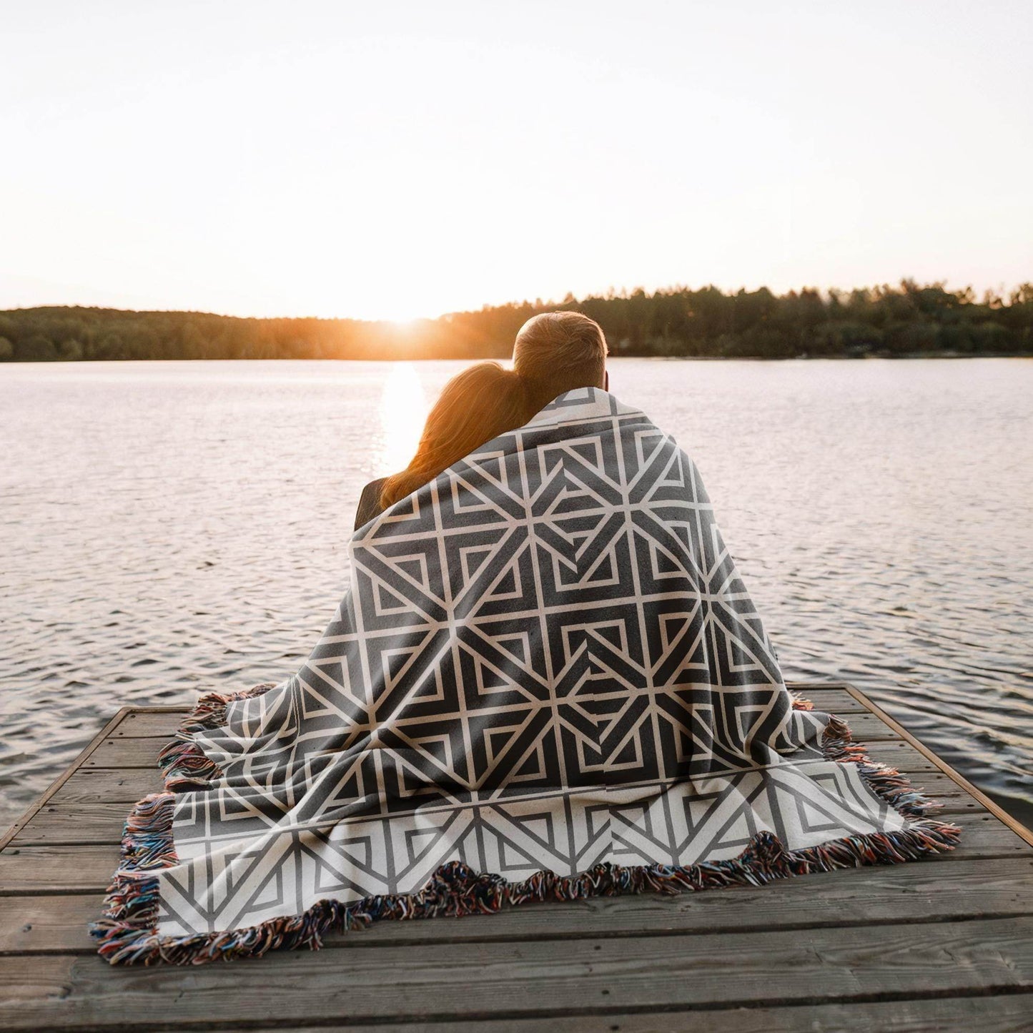 Woven Cotton Blanket - Modern Black White Geometric Pattern Throw With Fringed Edges - timelessbohochic.com