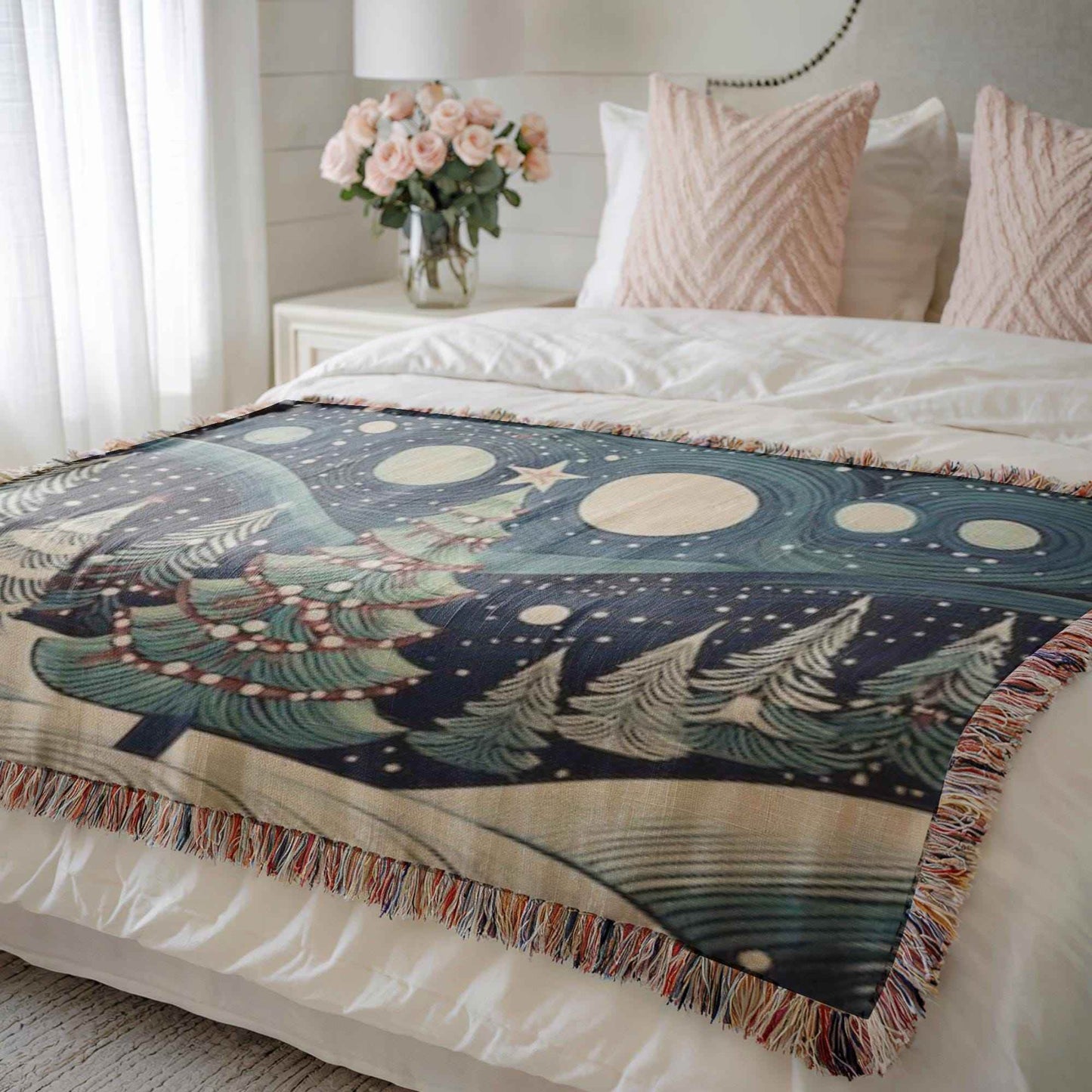 Festive Forest Blanket - Handwoven Cotton Throw With Christmas Tree Design | Cozy Winter Nights - timelessbohochic.com