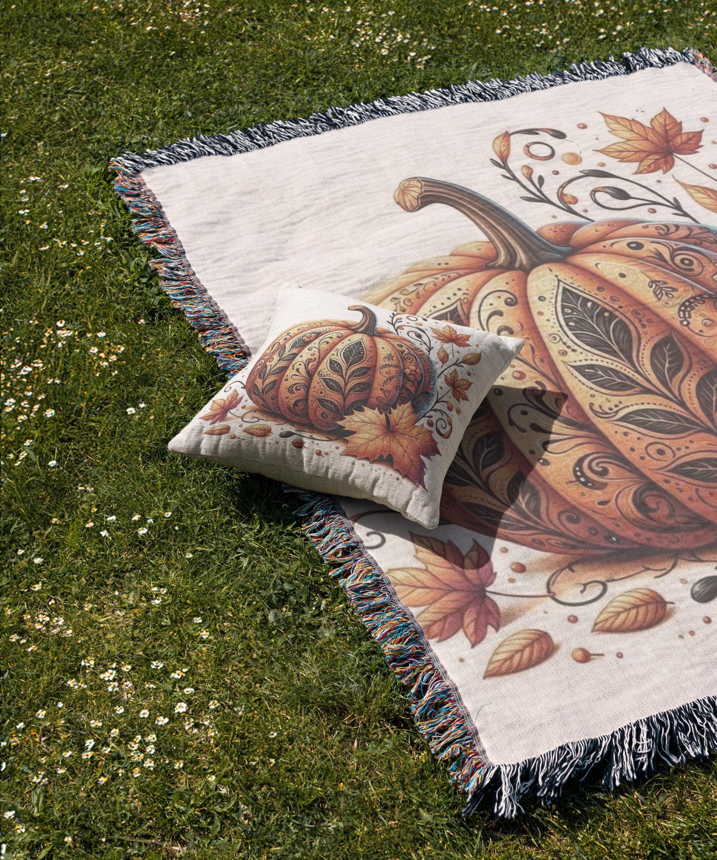 Thanksgiving Pumpkin Blanket - Cozy Cotton Woven Throw With Fringed Edges