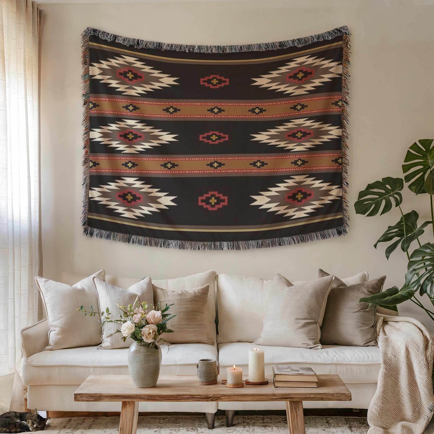 Southwestern Woven Tapestry - Tribal Couch Throw With Colorful Fringed Edges - timelessbohochic.com
