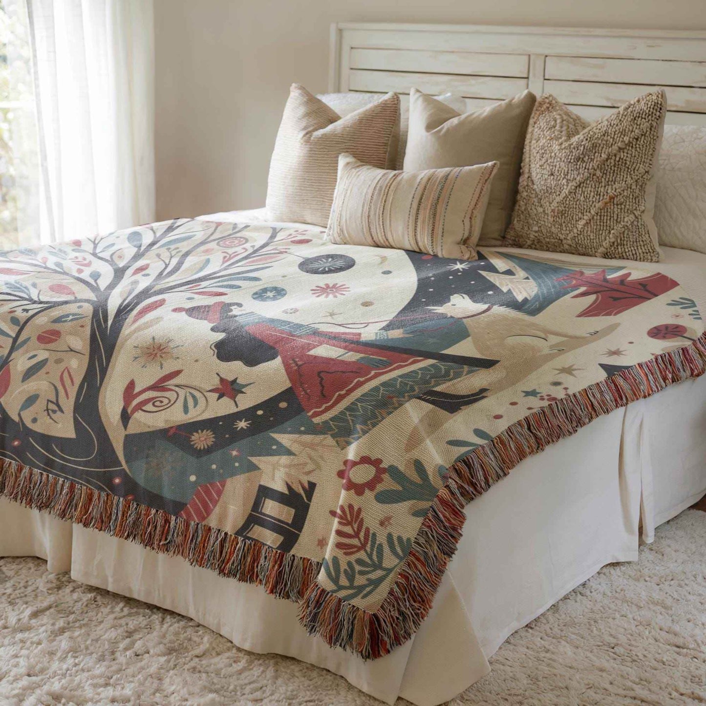 Cozy Cotton Blanket – Holiday Bedding With Winter Village Throw & Folk Art Design - timelessbohochic.com