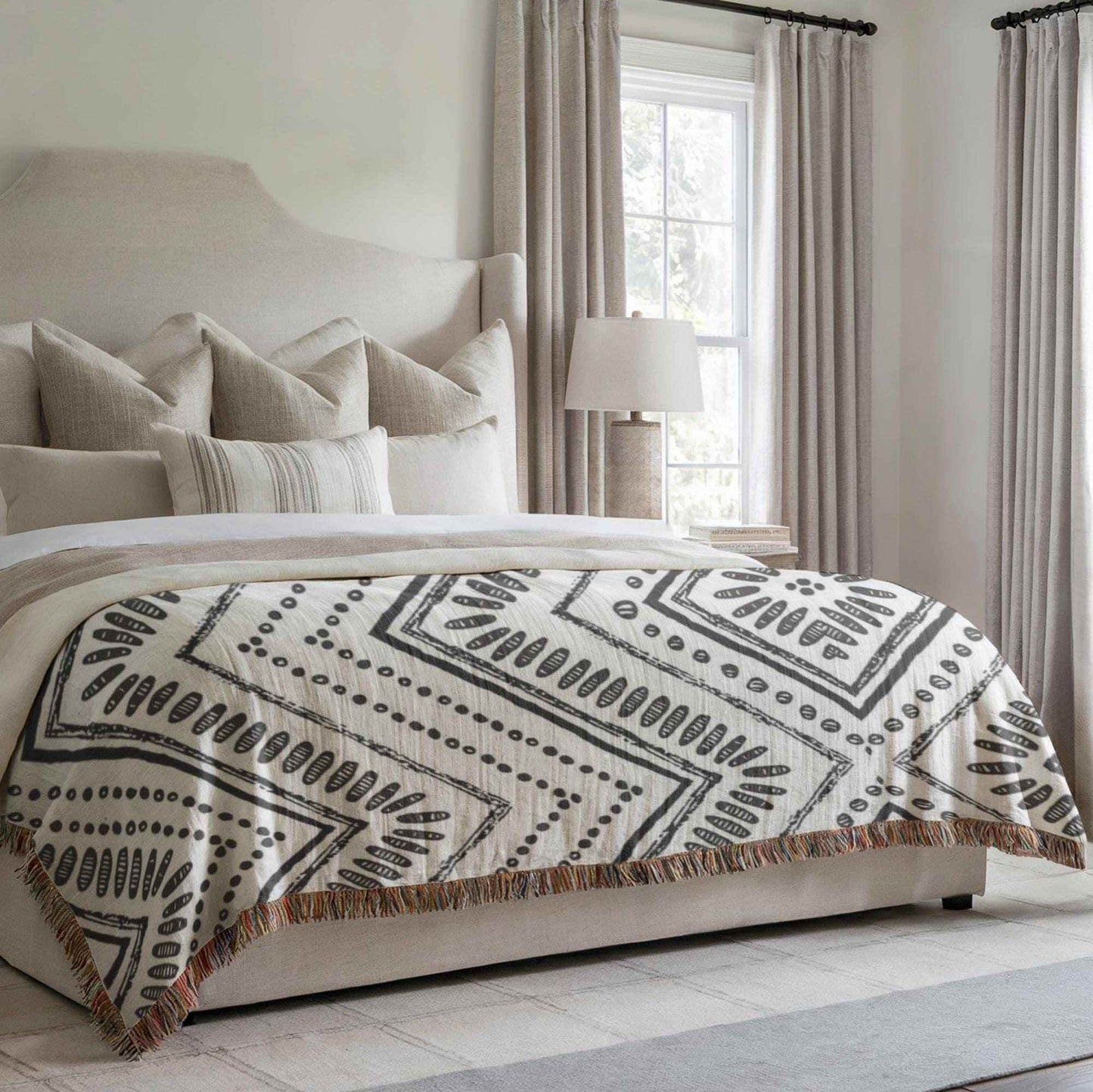 Black White Woven Cotton Blanket - Geometric Ikat Pattern Throw Blanket - timelessbohochic.com