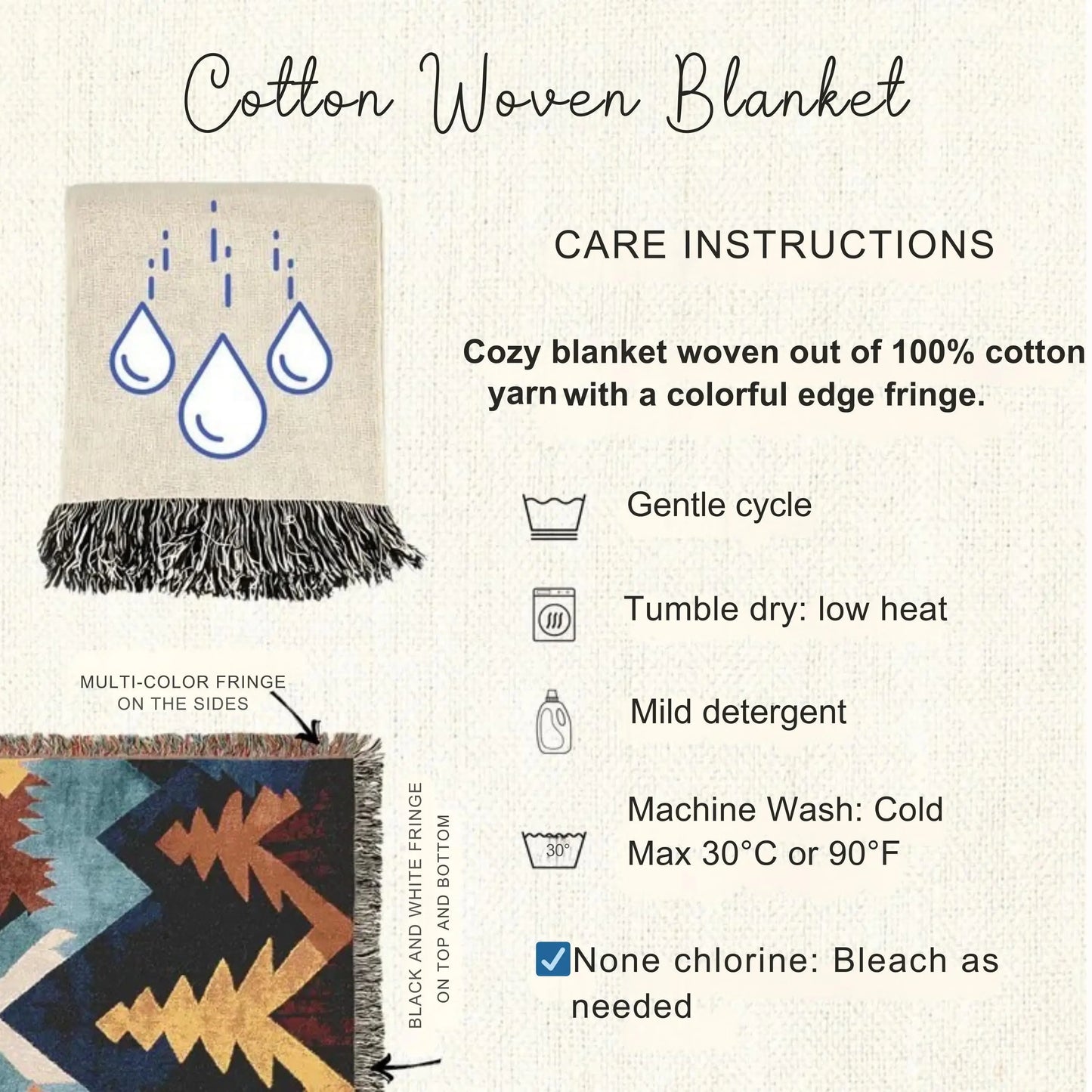 Turkish Woven Blanket – Soft Cotton Throw with Colorful Fringed Edges | Boho Bedspread