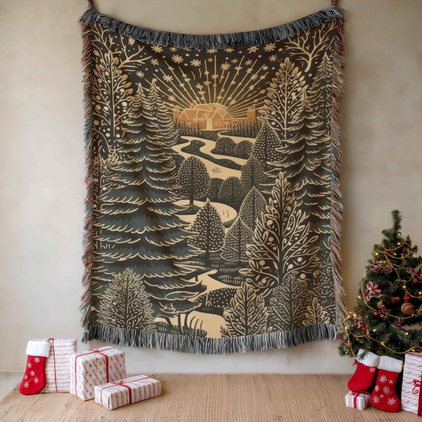 Christmas Trees Tapestry - Festive Season Gift | Cozy Cabin Decor, Woven Cotton Throw - timelessbohochic.com