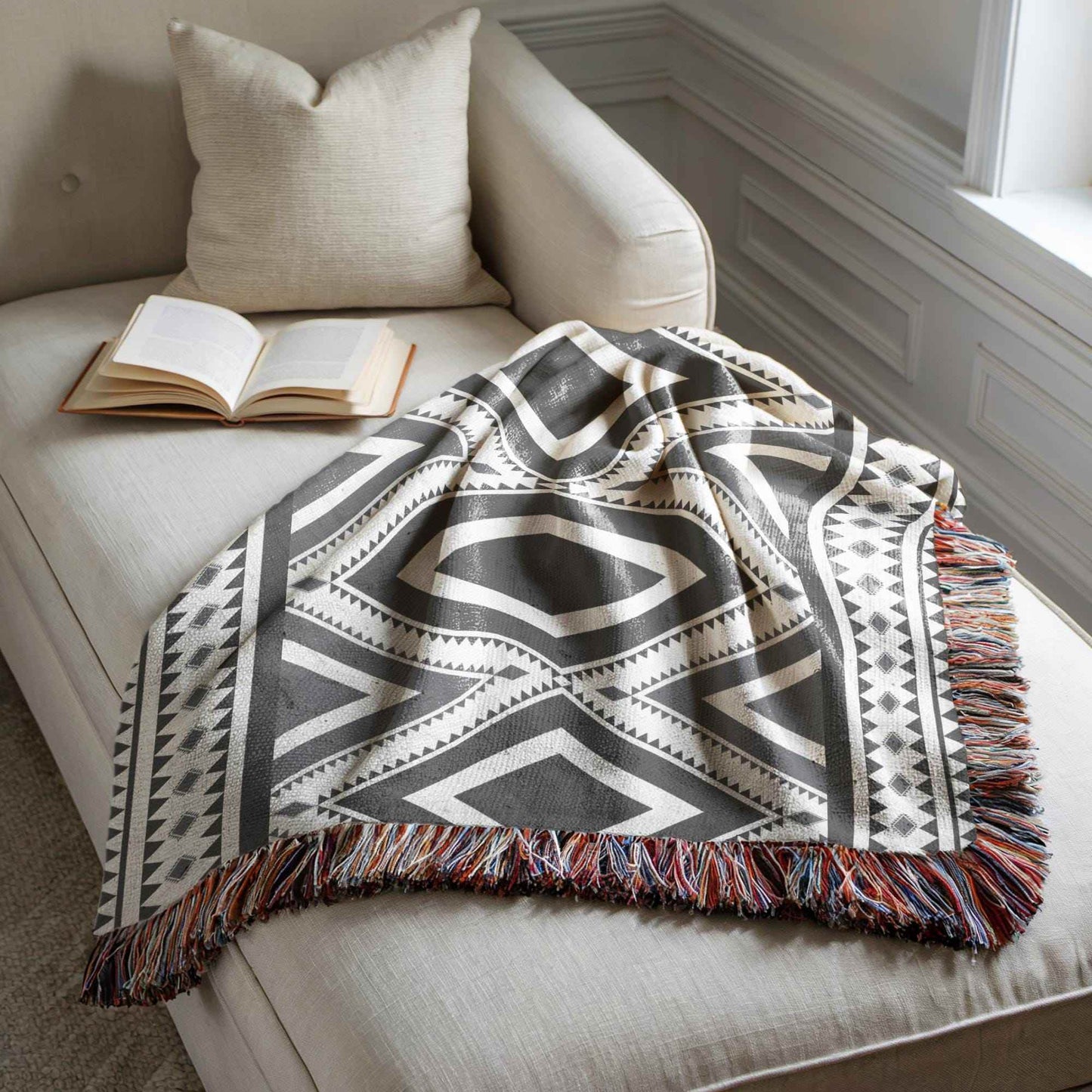 Navajo Cotton Throw Blanket - Geometric Design with Fringed Edge for Rustic Boho Decor - timelessbohochic.com