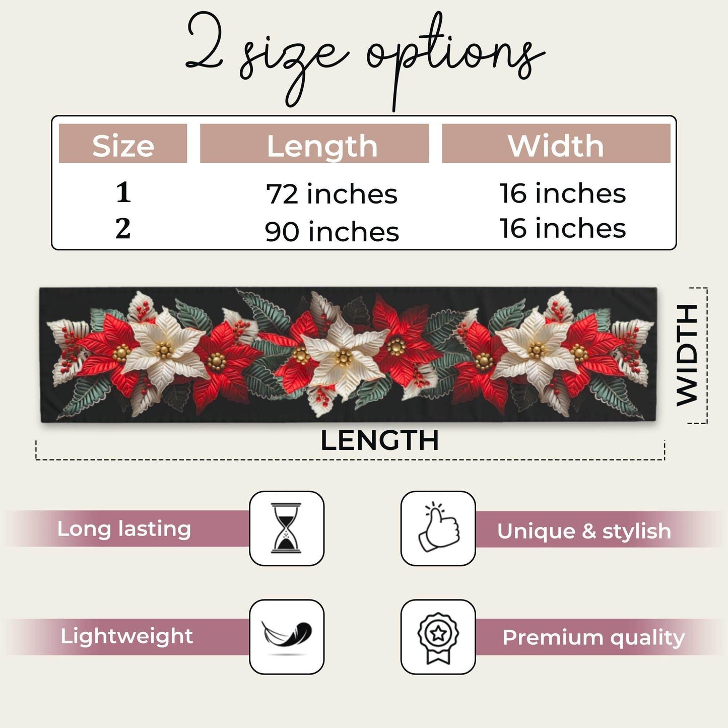 Poinsettia Table Runner - Red Green Runner | Elegant Holiday Table Decor - timelessbohochic.com