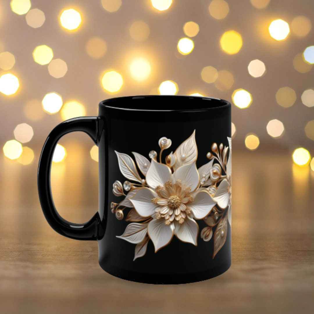 Gold Ceramic Mug – 11oz White Ceramic Cup With Poinsettia Coffee Design - timelessbohochic.com