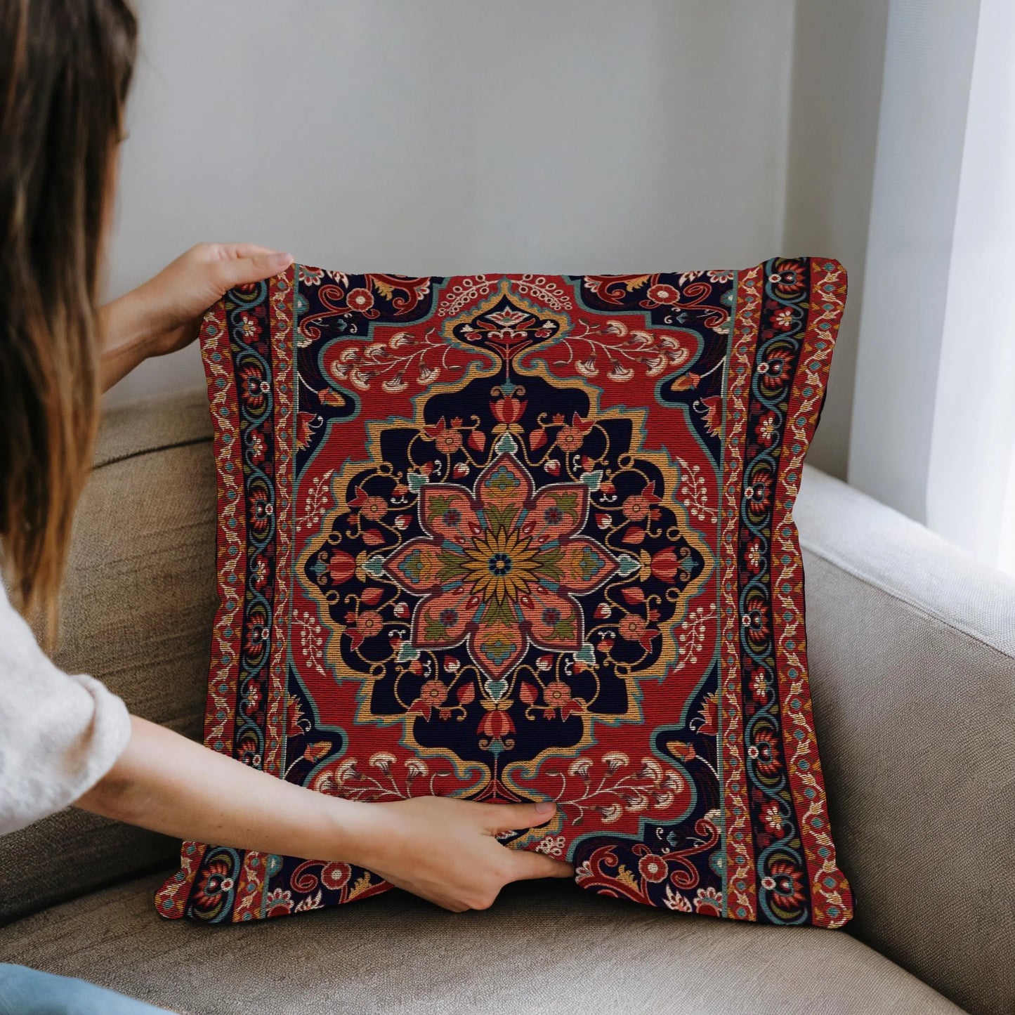 Turkish Rug Pillow - Woven Throw Pillow | Middle Eastern Decor Accent Cushion Cover