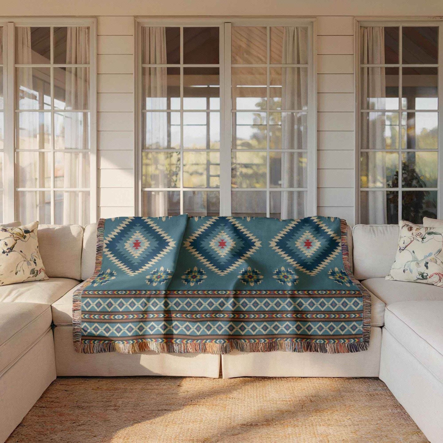 Navajo Cotton Blanket – Teal Brown Geometric Picnic Rug with Fringed Edge - timelessbohochic.com