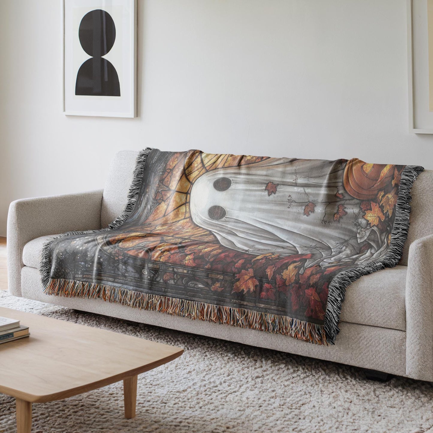 Halloween Living-Room Blanket – Ghost Pumpkin Throw With Stained Glass Design