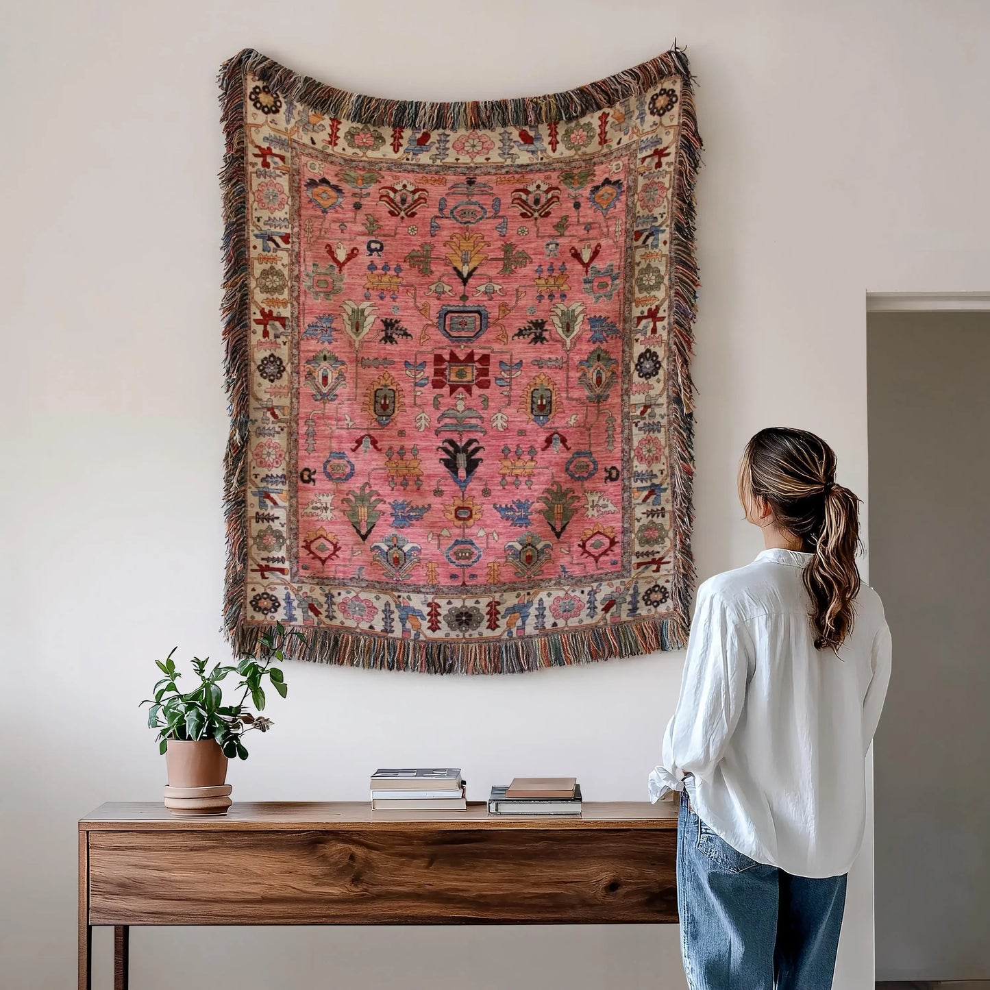 Pink Throw Blanket - Boho Wall Art Woven Turkish Rug Decor with Colorful Fringe