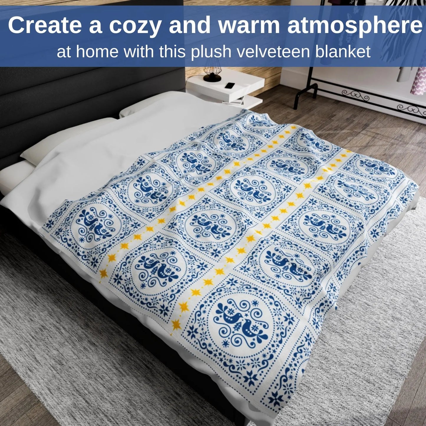 Velveteen Couch Throw – Romantic Soft Blanket with Blue Dove & Star Pattern Bedding