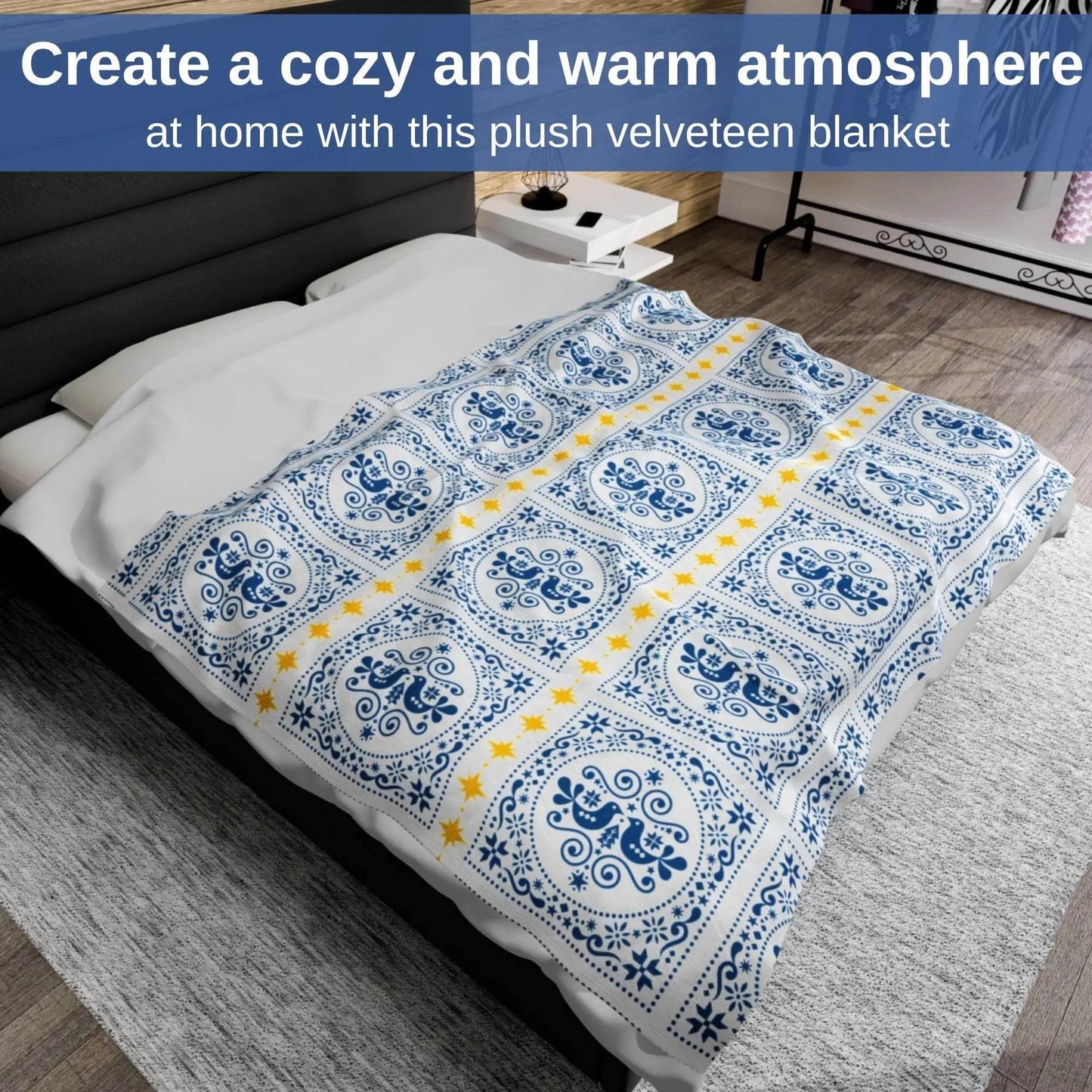 Velveteen Couch Throw – Romantic Soft Blanket with Blue Dove & Star Pattern Bedding - timelessbohochic.com