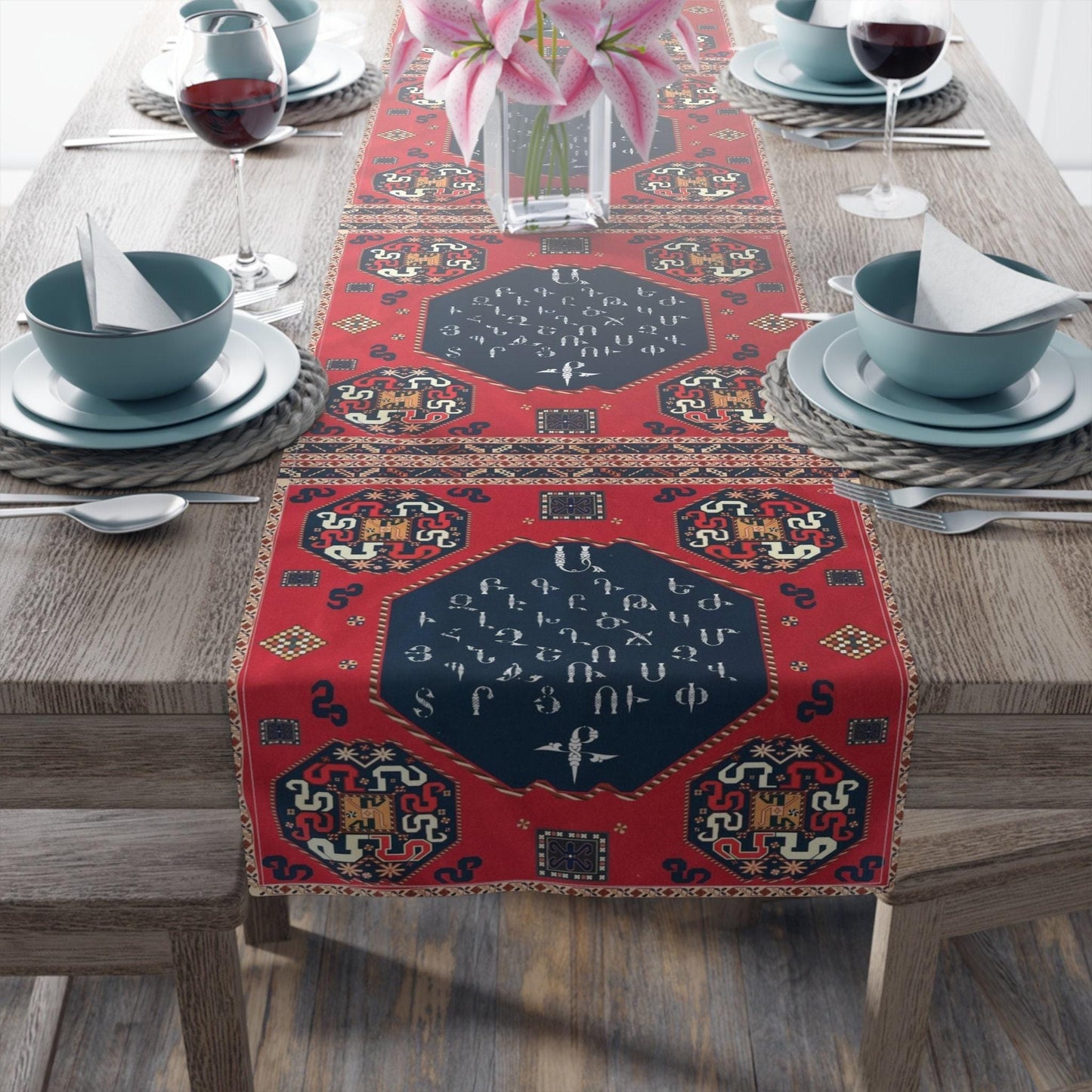 Armenian Table Runner – Cotton Boho Table Linen with Armenian Alphabet Decor