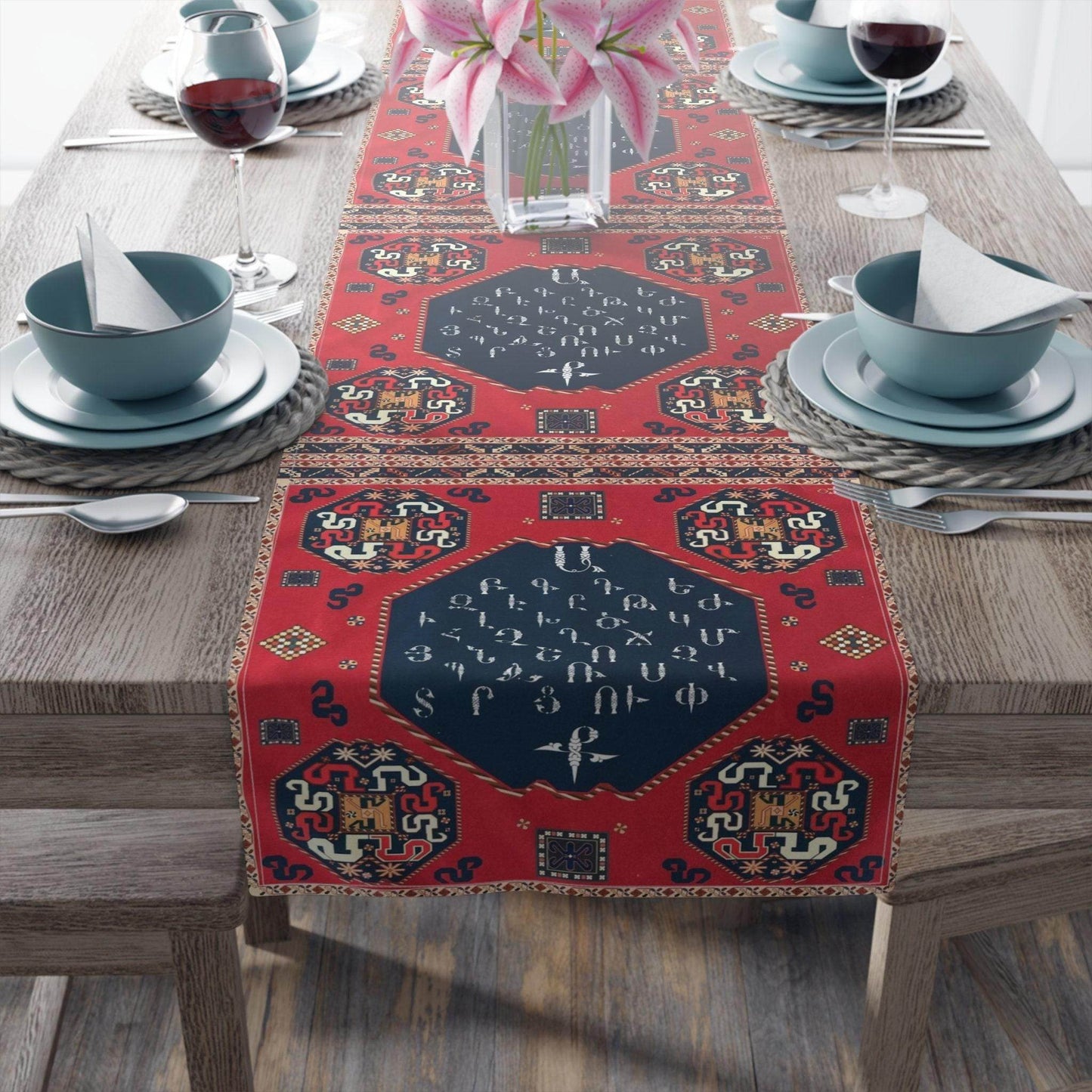 Armenian Table Runner – Cotton Boho Table Linen with Armenian Alphabet Decor - timelessbohochic.com