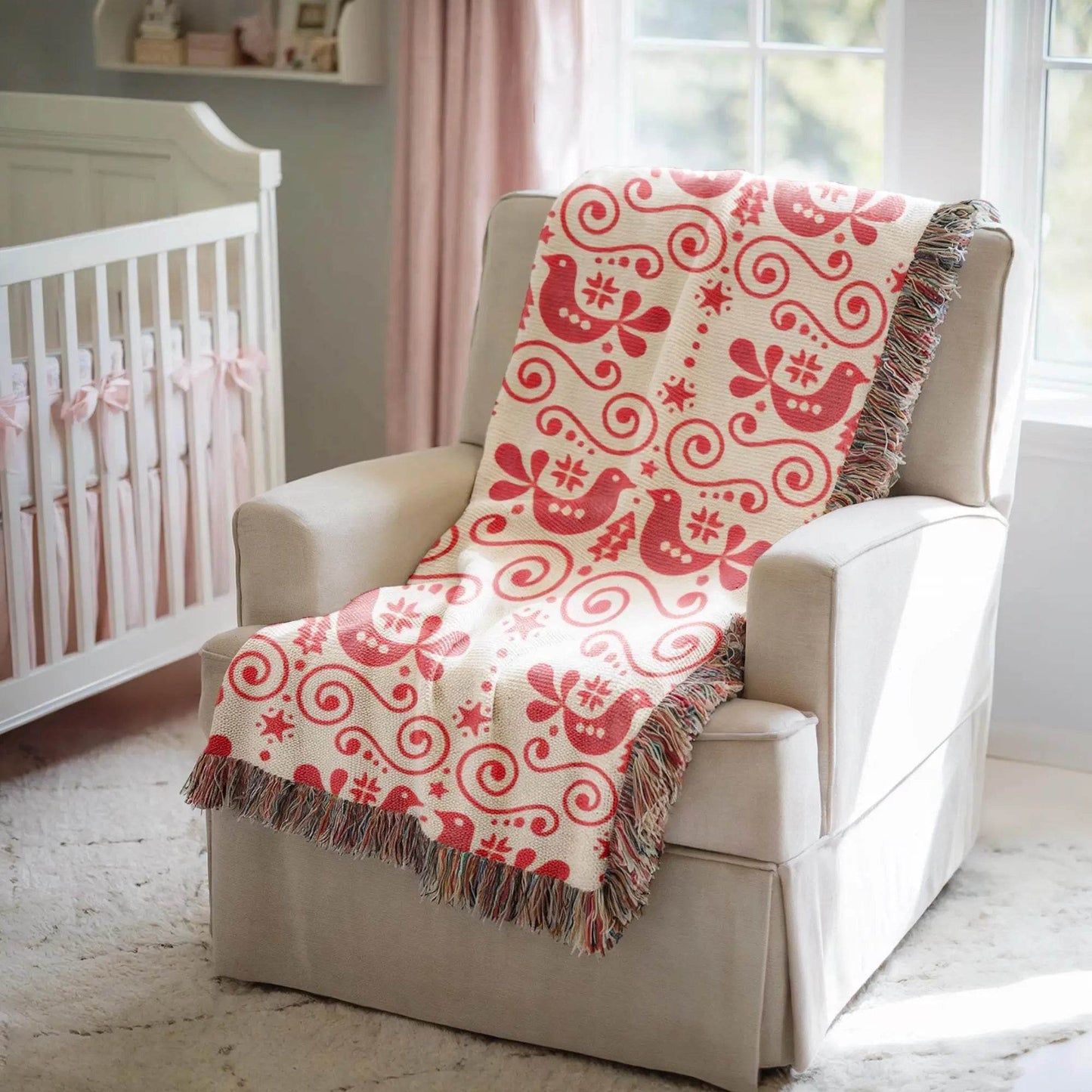 Woven Cotton Blanket – Scandinavian Decor Soft Cotton Throw Blanket With Bird Motif - timelessbohochic.com