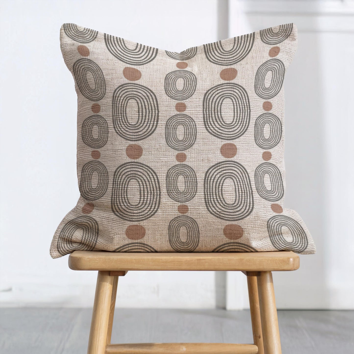 Woven Decorative Pillow - Modern Boho Throw Pillow with Black Ovals & Rust Dots