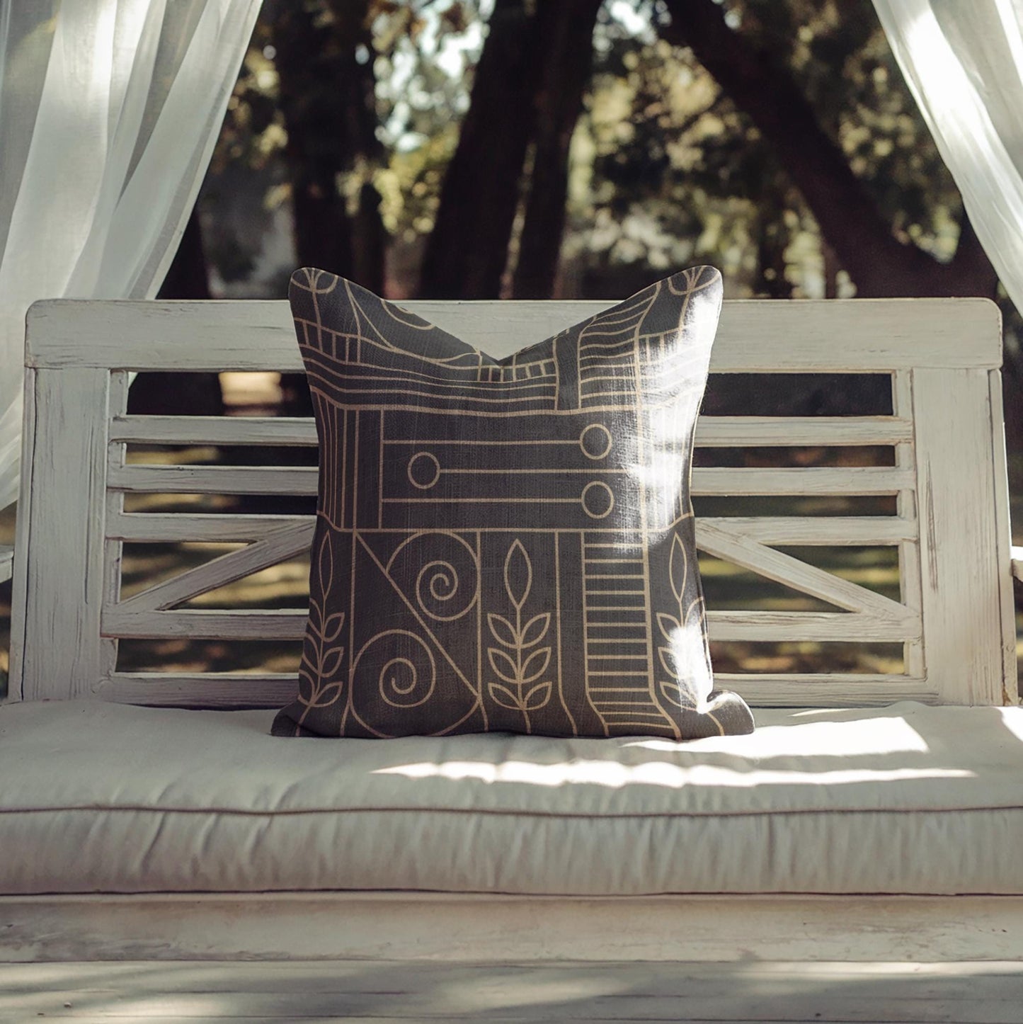 Woven Cushion Cover - Dark Blue Beige Geometric Pillow with Golden Accent