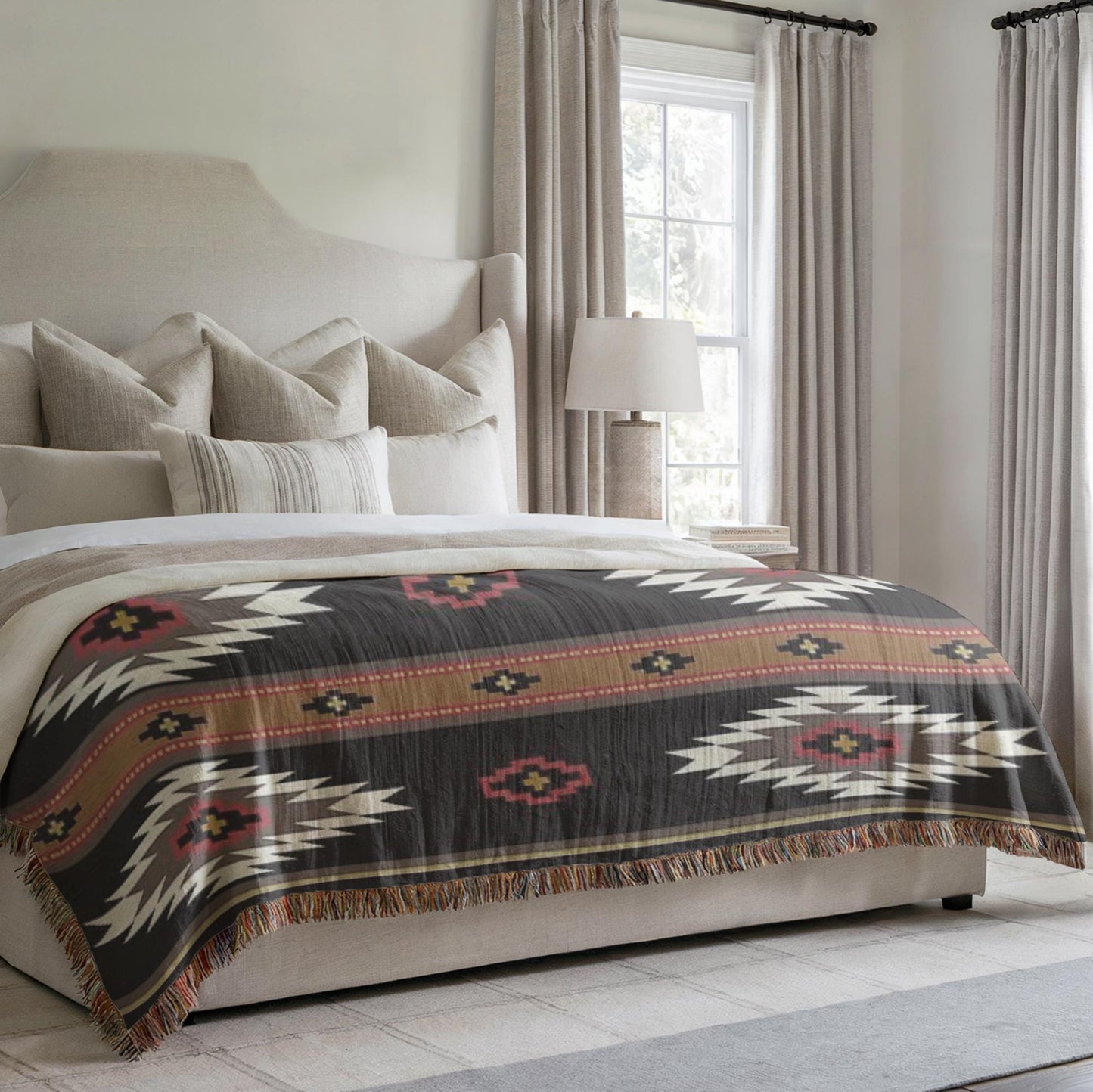 a cozy bedroom with a large bed featuring a patterned blanket and multiple pillows. The bed is positioned against a window with curtains, and there is a lamp on a side table next to the bed.