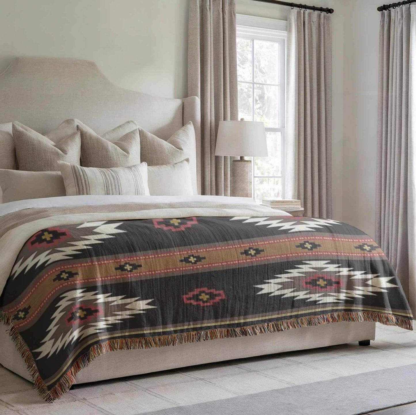 Southwestern Cotton Throw Blanket – Cozy Ikat Design with Fringed Edge - timelessbohochic.com