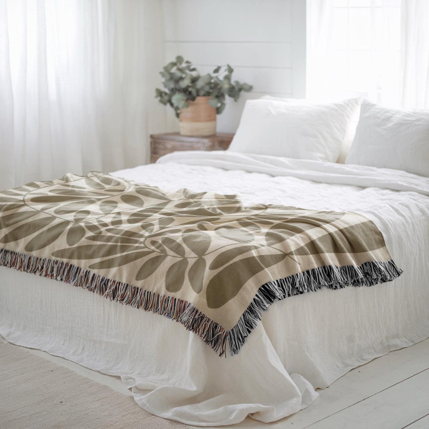 Woven Throw Blanket - Mid Century Throw With Scandi Leaves Pattern & Fringed Edge
