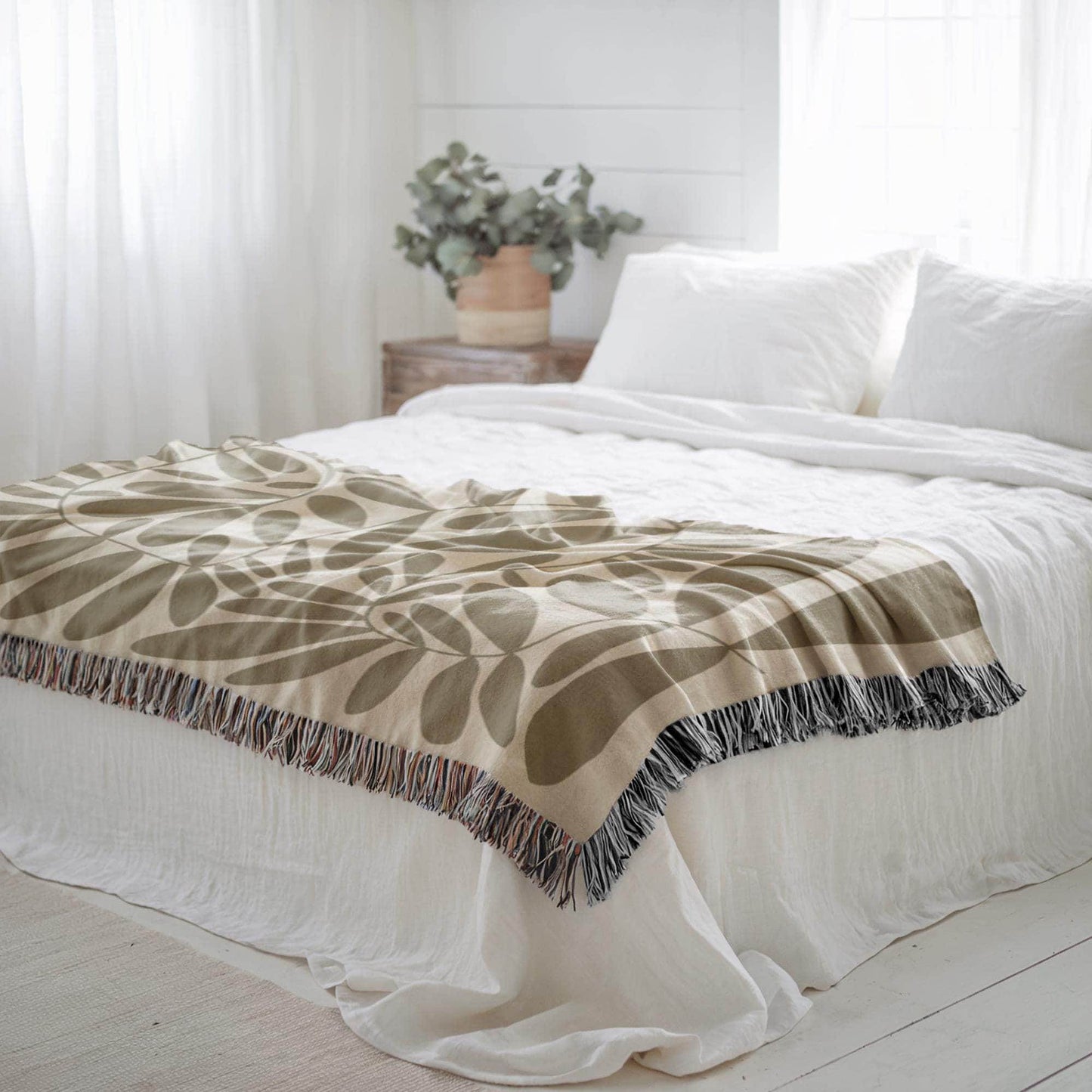 Woven Throw Blanket - Mid Century Throw With Scandi Leaves Pattern & Fringed Edge - timelessbohochic.com