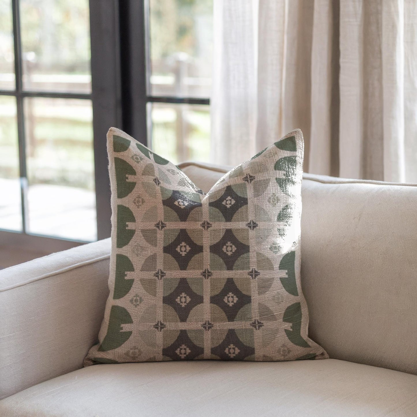 Modern Throw Blanket Set - Mid Century Bedding With Woven Cotton Throw & Sage Green Pillow