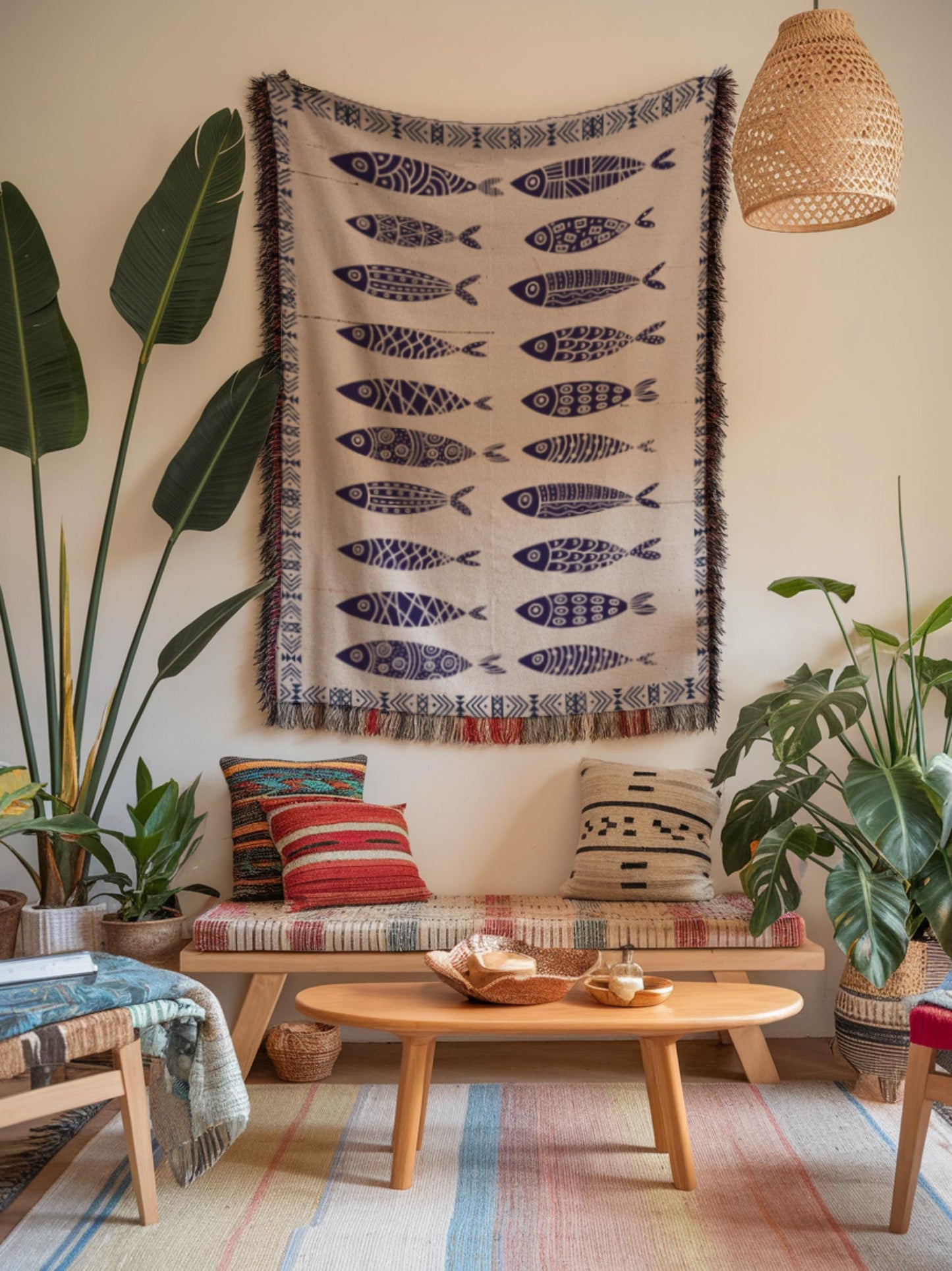 Sardine Blanket - Ethnic Fish Tapestry Woven Cotton Blanket for Coastal Home Decor