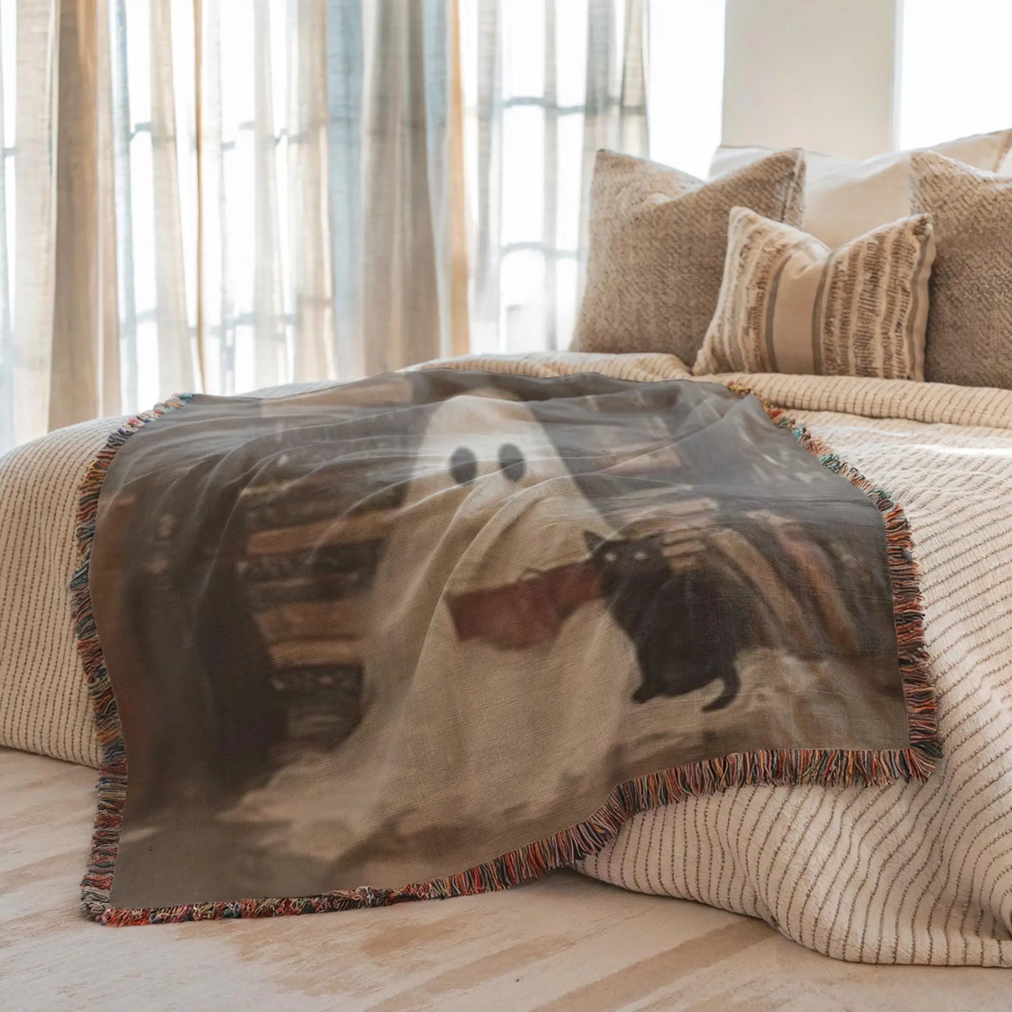 Ghost Book Cat Blanket – Soft Cotton Throw With Fringed Edges, Cozy Reading Nook Decor