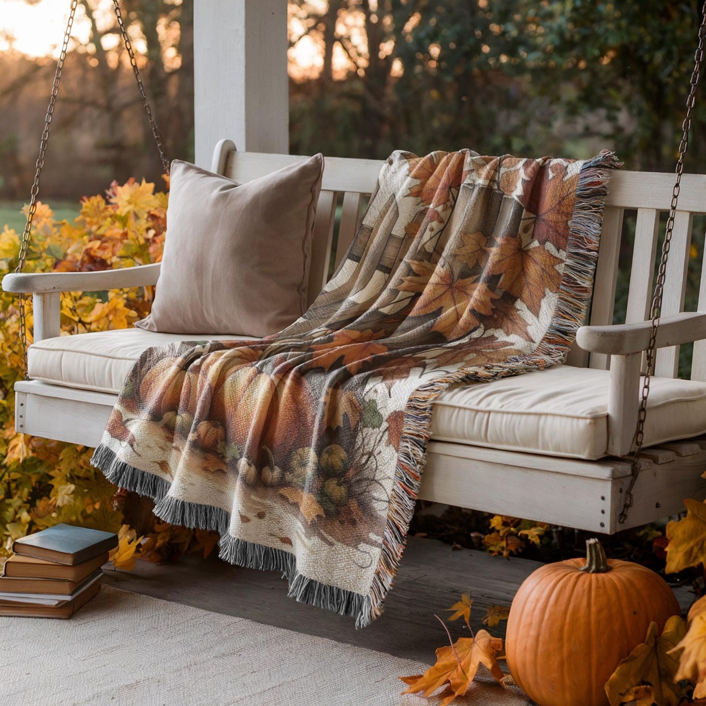 Thanksgiving Woven Blanket, Fall Leaves Couch Throw, Harvest Season Bedding, Autumn Cotton Throw, Warm Farmhouse Decor, Mom Dad Gift Idea
