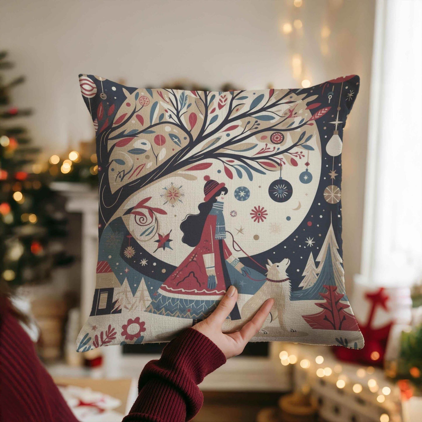 Woven Christmas Pillow - Cozy Seasonal Cushion with Lady & Dog Design | Festive Home Decor - timelessbohochic.com