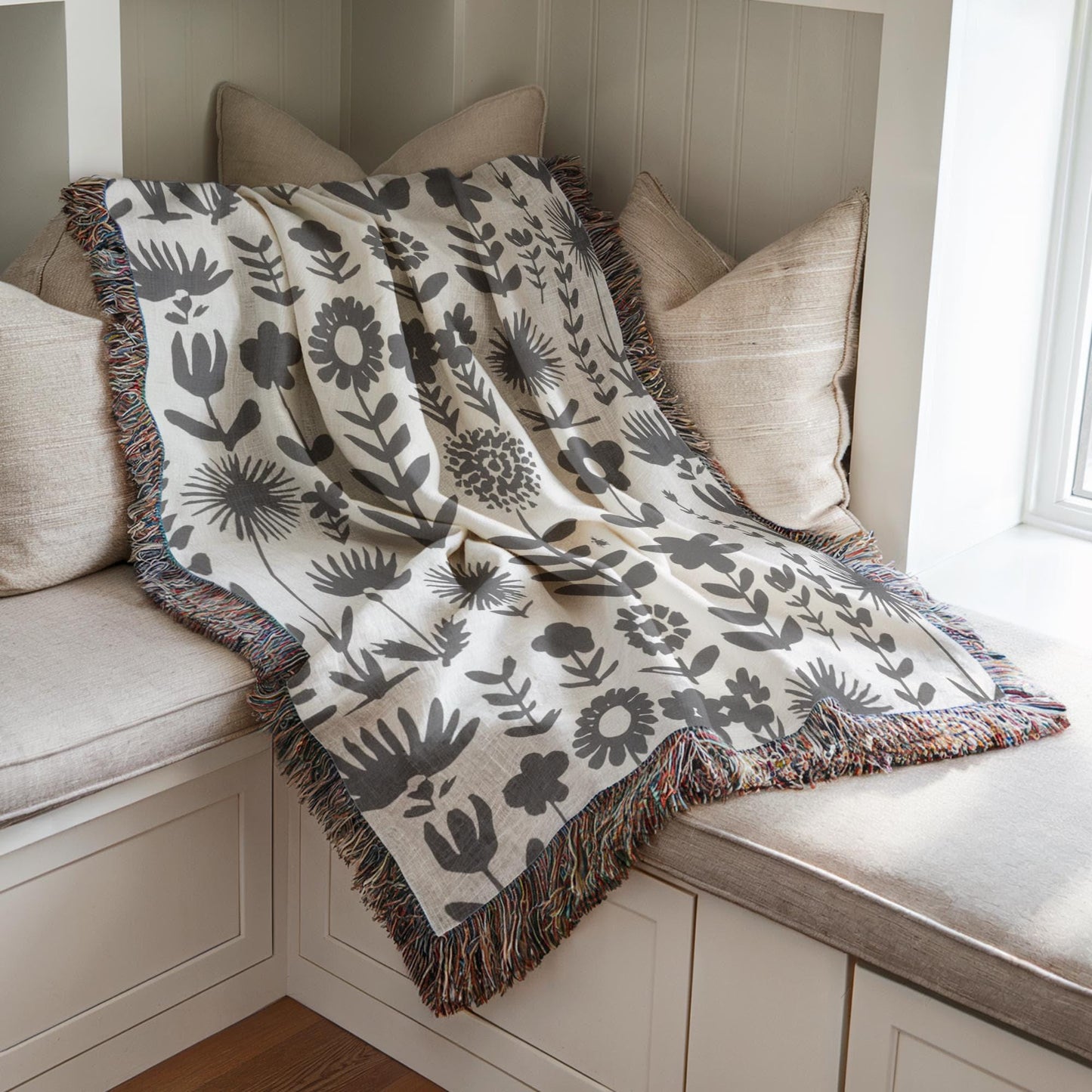 Wildflowers Meadows Blanket - Handmade Woven Throw With Botanical Print, Cozy Cotton
