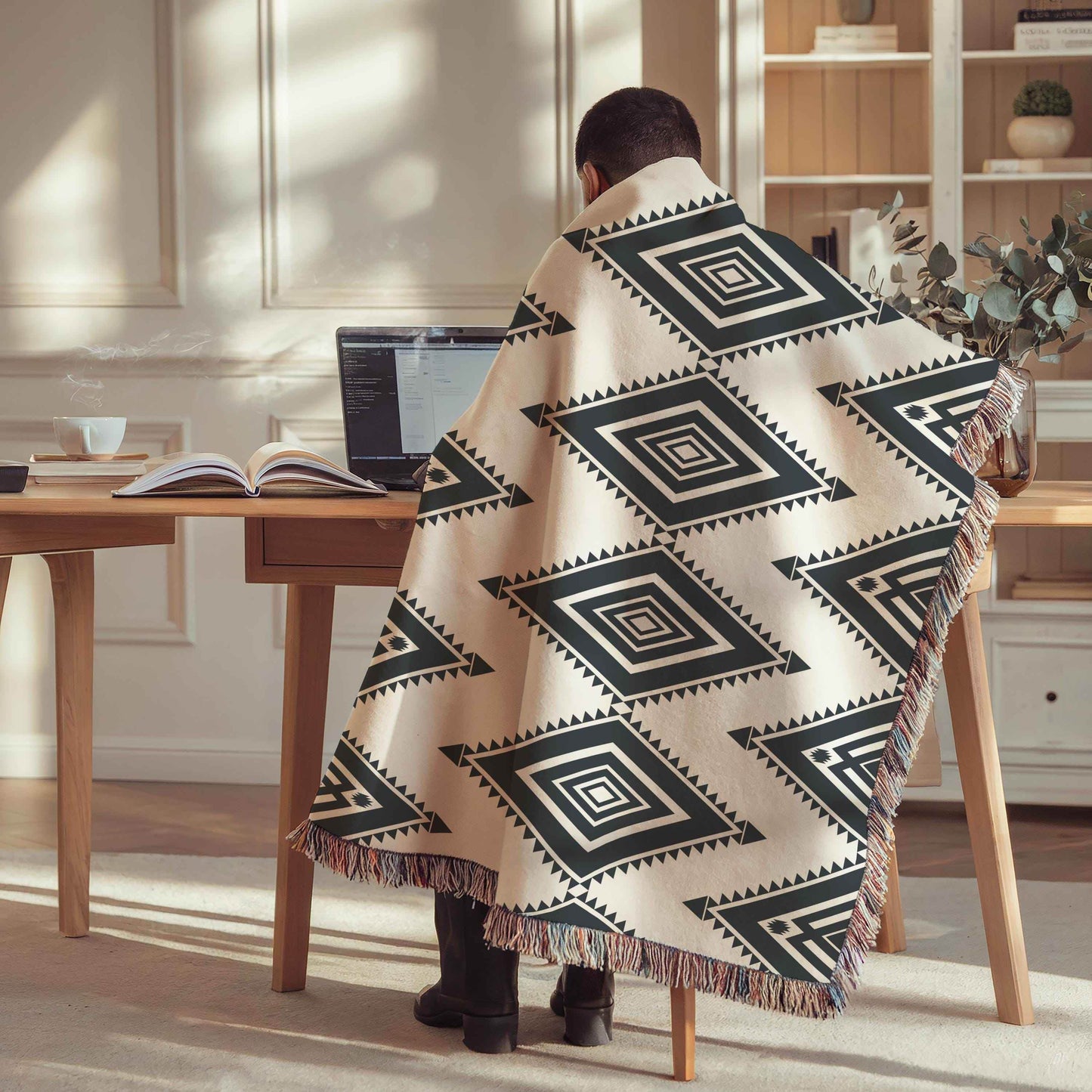 Cotton Southwestern Throw Blanket with Tribal Pattern and Fringed Edges - timelessbohochic.com