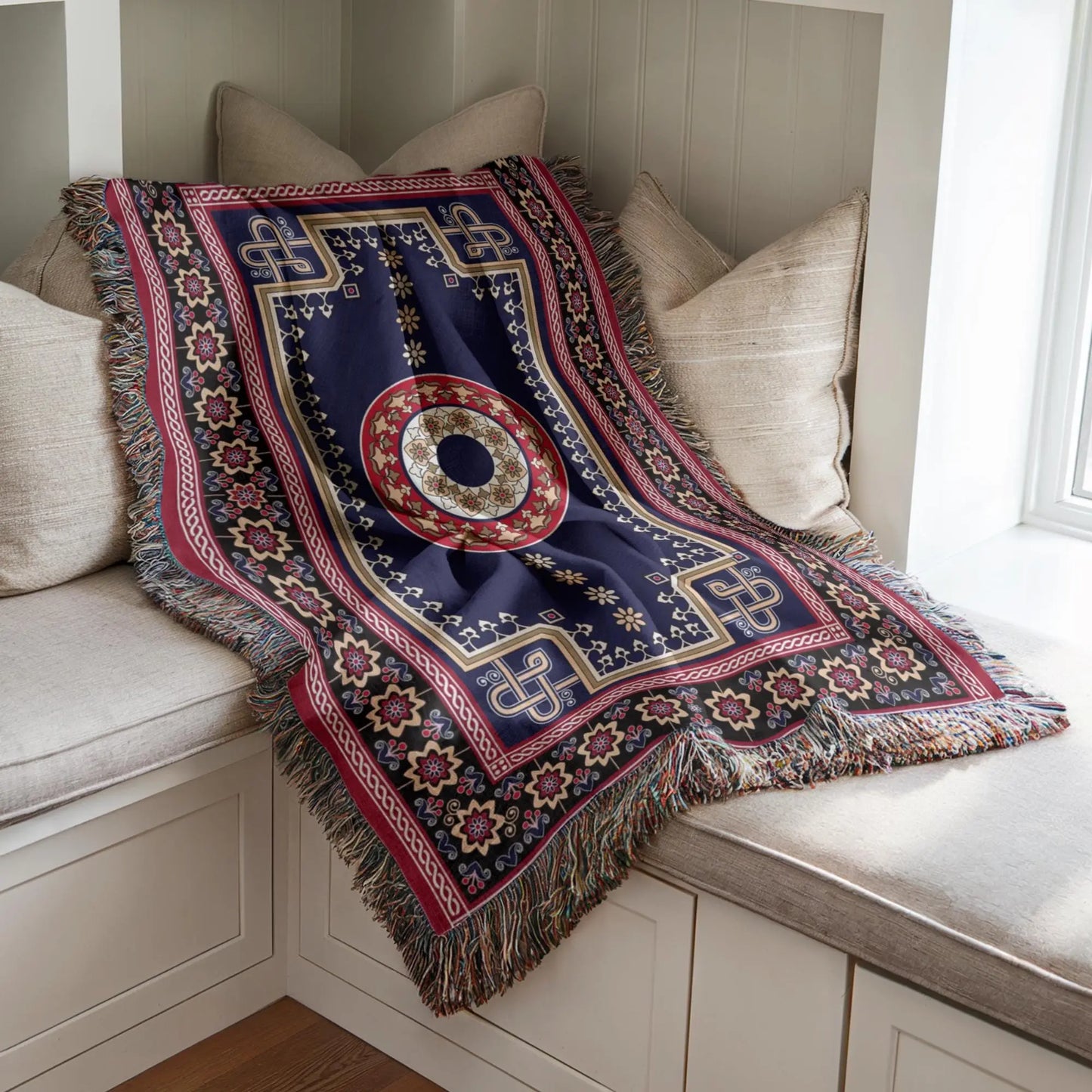 Woven Kilim Blanket - Bohemian Couch Throw With Persian Rug Pattern & Colorful Fringed Edges
