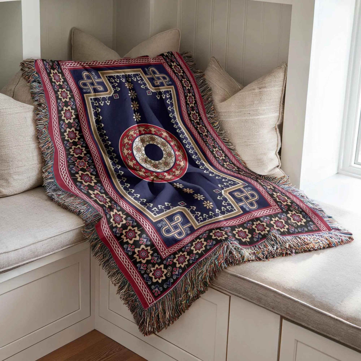 Woven Kilim Blanket - Bohemian Couch Throw With Persian Rug Pattern & Colorful Fringed Edges - timelessbohochic.com