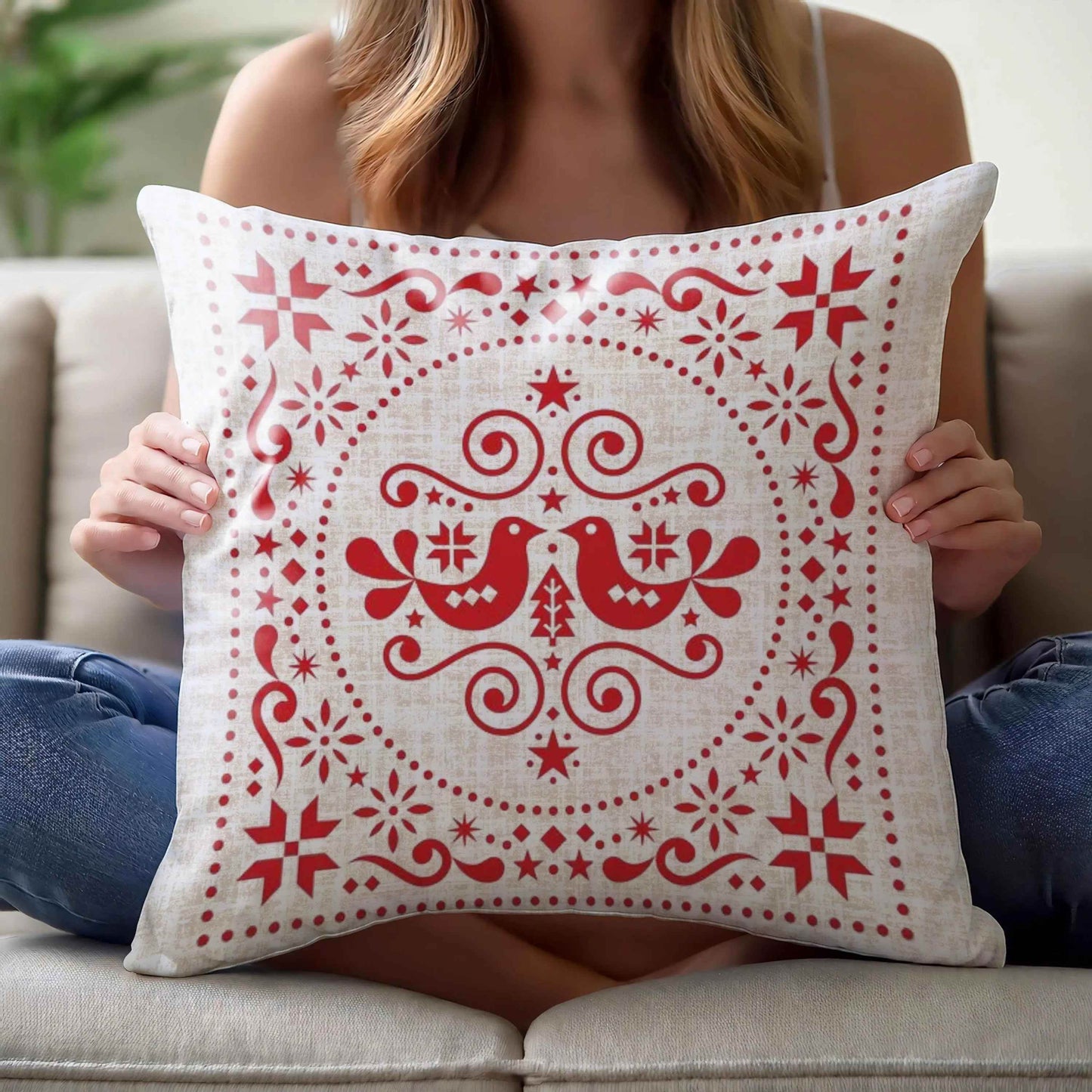 Nordic Woven Cushion - Scandinavian Throw Pillow With Rustic Red Bird Design - timelessbohochic.com