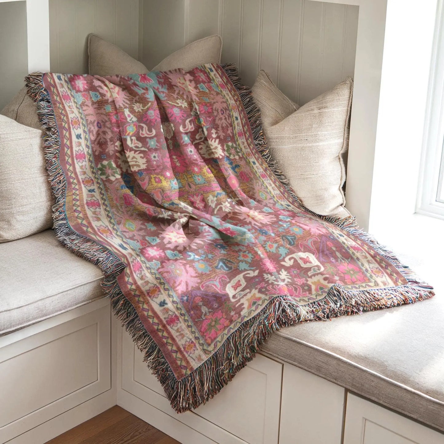 Woven Couch Throw - Distressed Rug Cotton Blanket With Colorful Fringed Edges