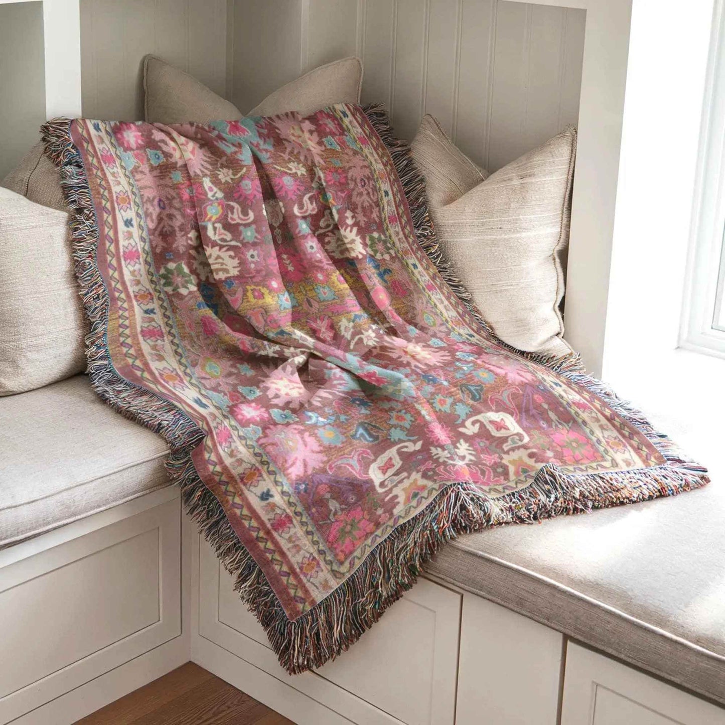 Woven Couch Throw Blanket - Distressed Rug Cotton Blanket with Colorful Fringed Edges - timelessbohochic.com