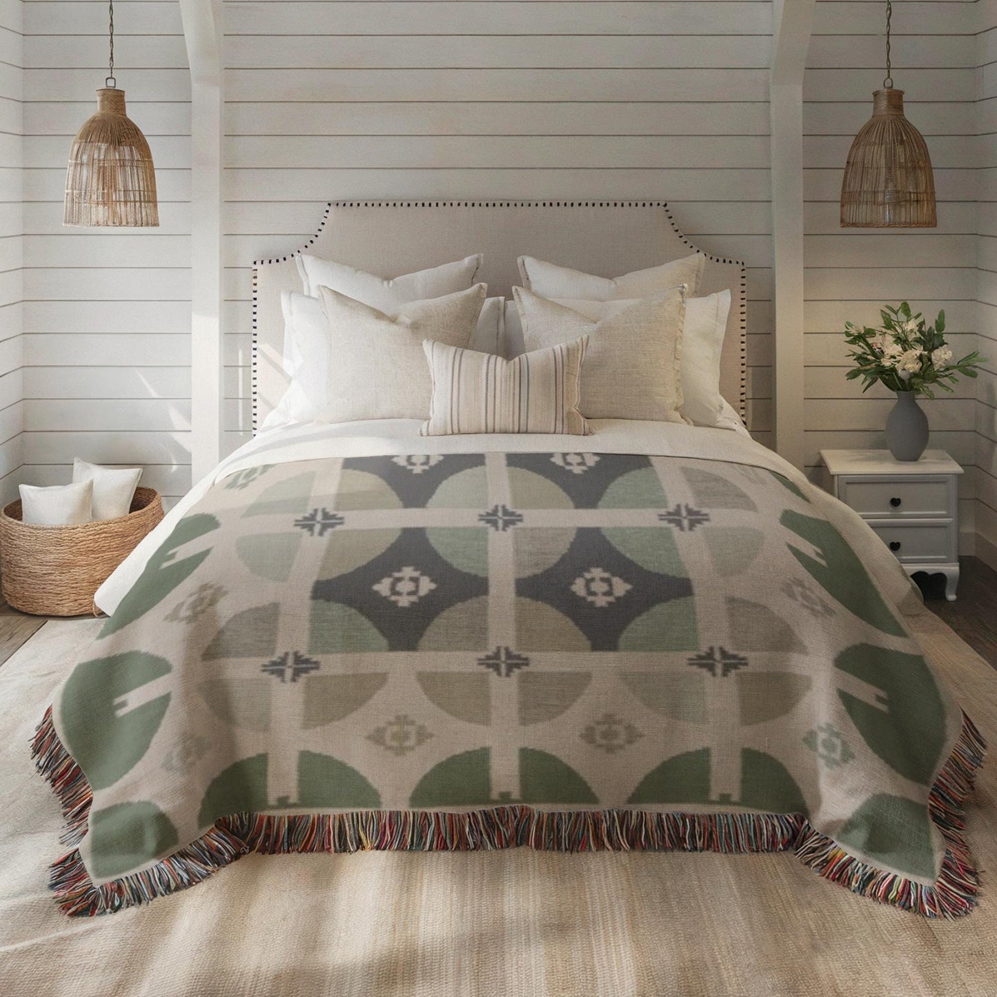 Modern Throw Blanket Set - Mid Century Bedding With Woven Cotton Throw & Sage Green Pillow