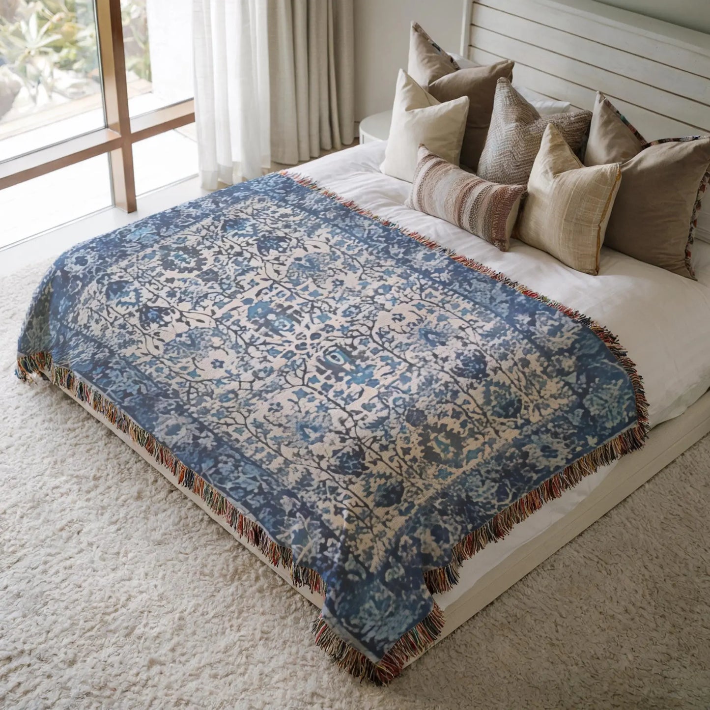 Cotton Throw Blanket - Woven Persian Pattern Rug with Fringed Edge, Soft Cozy