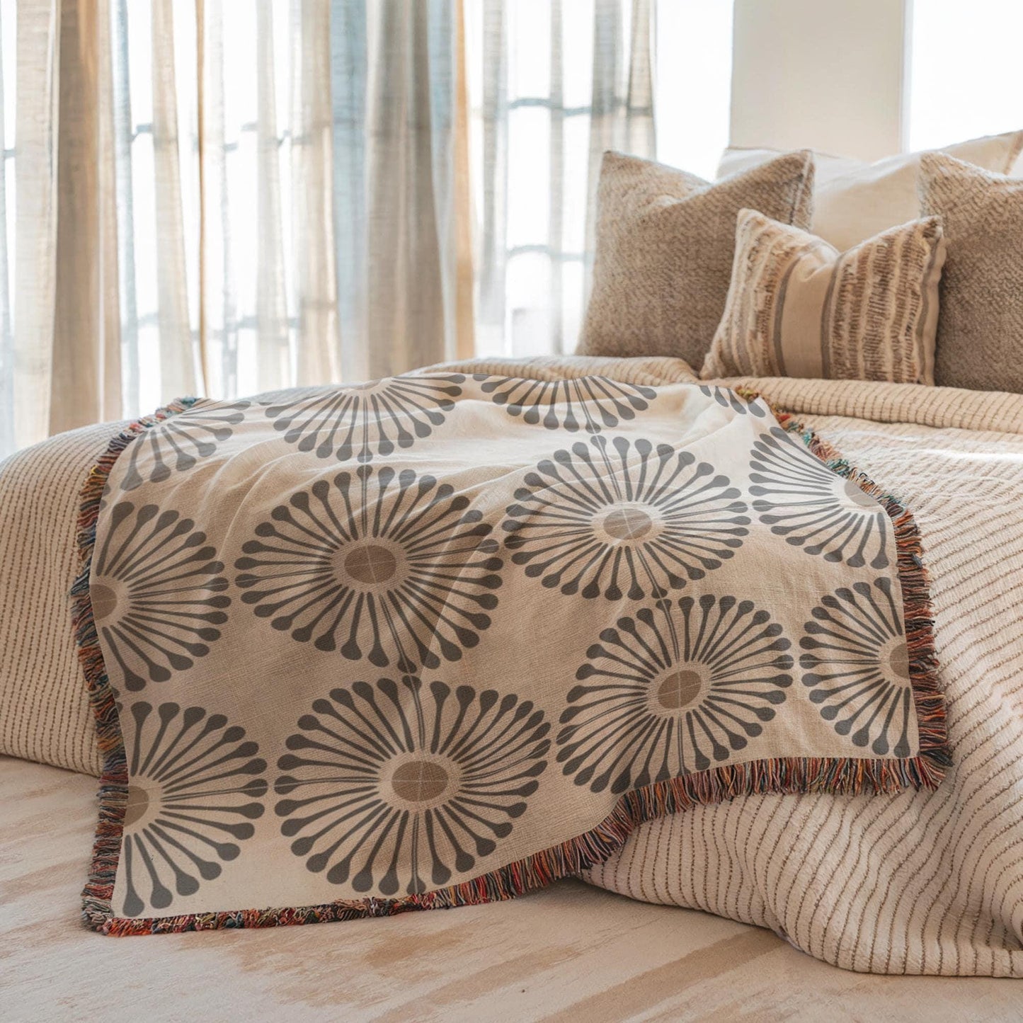 Woven Cotton Blanket Featuring Sunflower Pattern – Machine Washable, Nature Inspired Throw