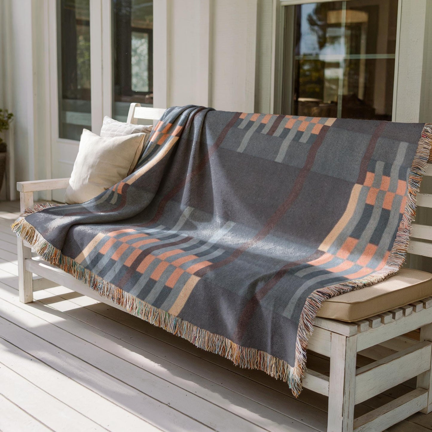 Cotton Woven Throw - Mid Century Modern Patio Picnic Blanket with Colorful Fringed Edges