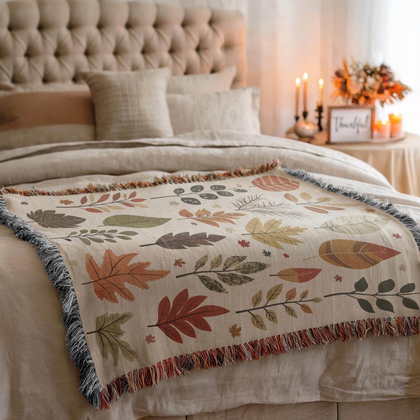 Fall Cotton Blanket – Autumn Leaves Throw With Colorful Fringed Edges, Cozy Fall Blanket - timelessbohochic.com