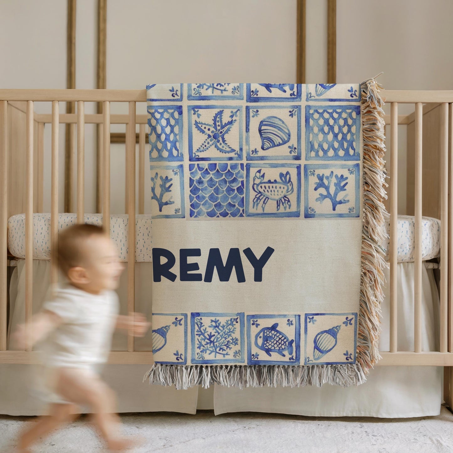 Woven Baby Blanket – Personalized Ocean Theme Patchwork Baby Shower Gift