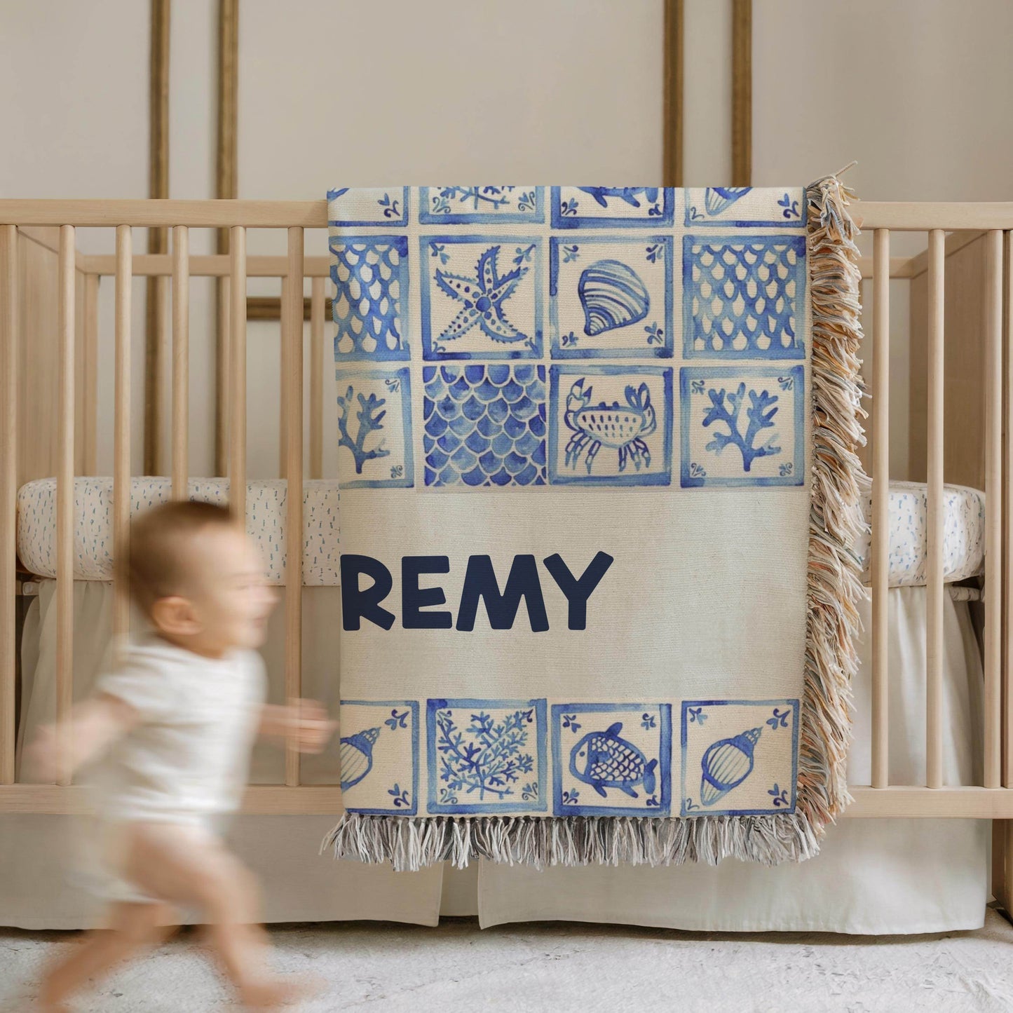 Woven Baby Blanket - Personalized Cotton Woven Blanket with Ocean Theme Patchwork for Baby Shower Gift - timelessbohochic.com