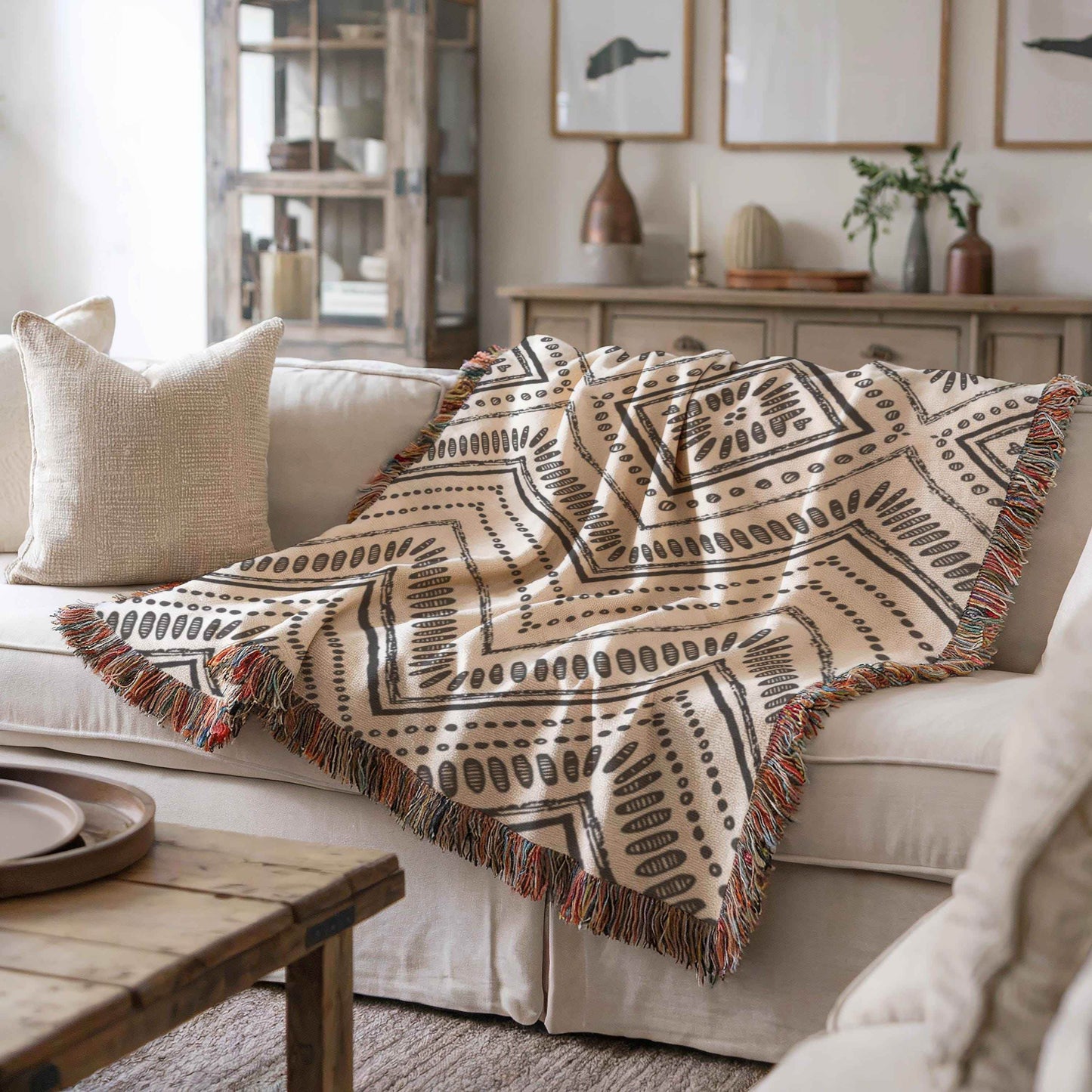 Black White Woven Cotton Blanket - Geometric Ikat Pattern Throw Blanket - timelessbohochic.com