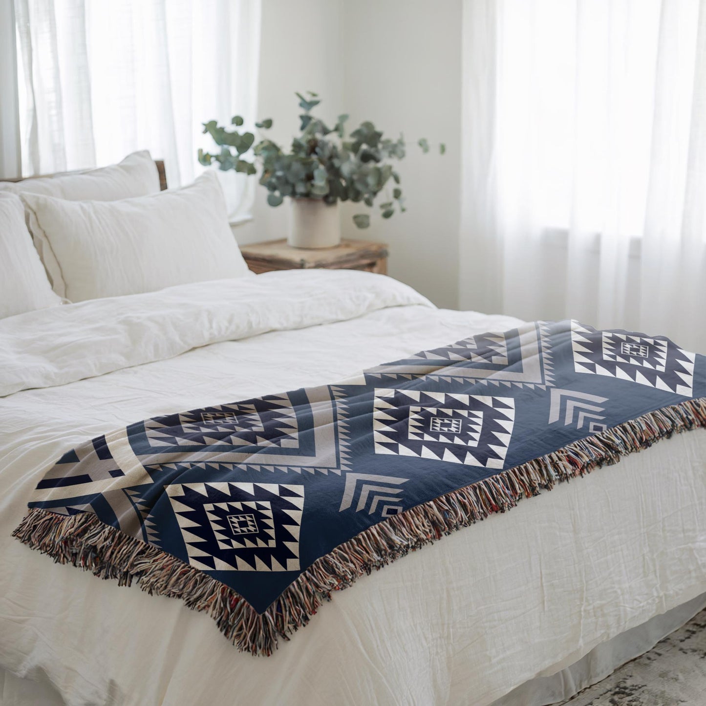 Woven Aztec Blanket - Soft Cotton Throw With Tribal Geometric Design & Colorful Fringe
