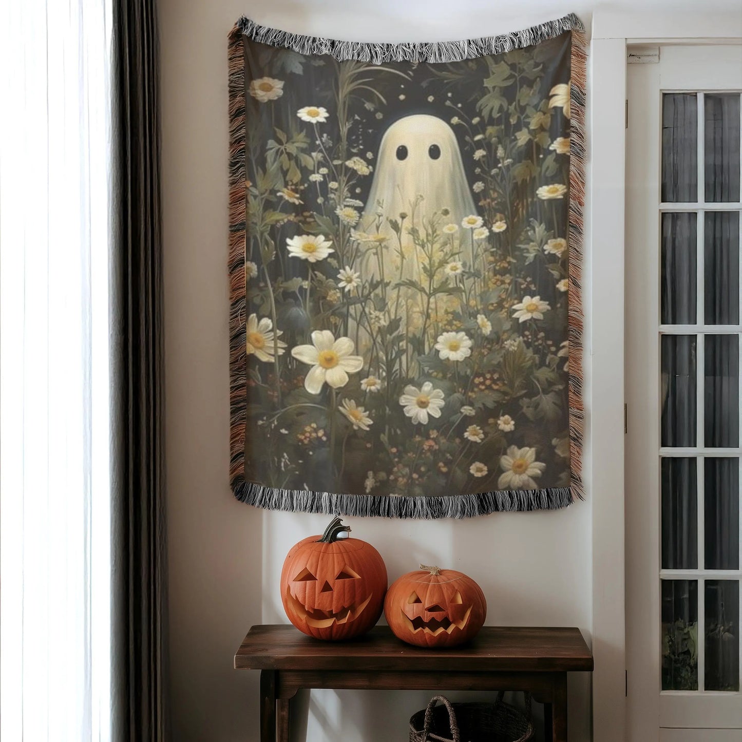 Halloween Woven Blanket - Cozy Throw With Cute Ghost Design & Floral Wildflowers