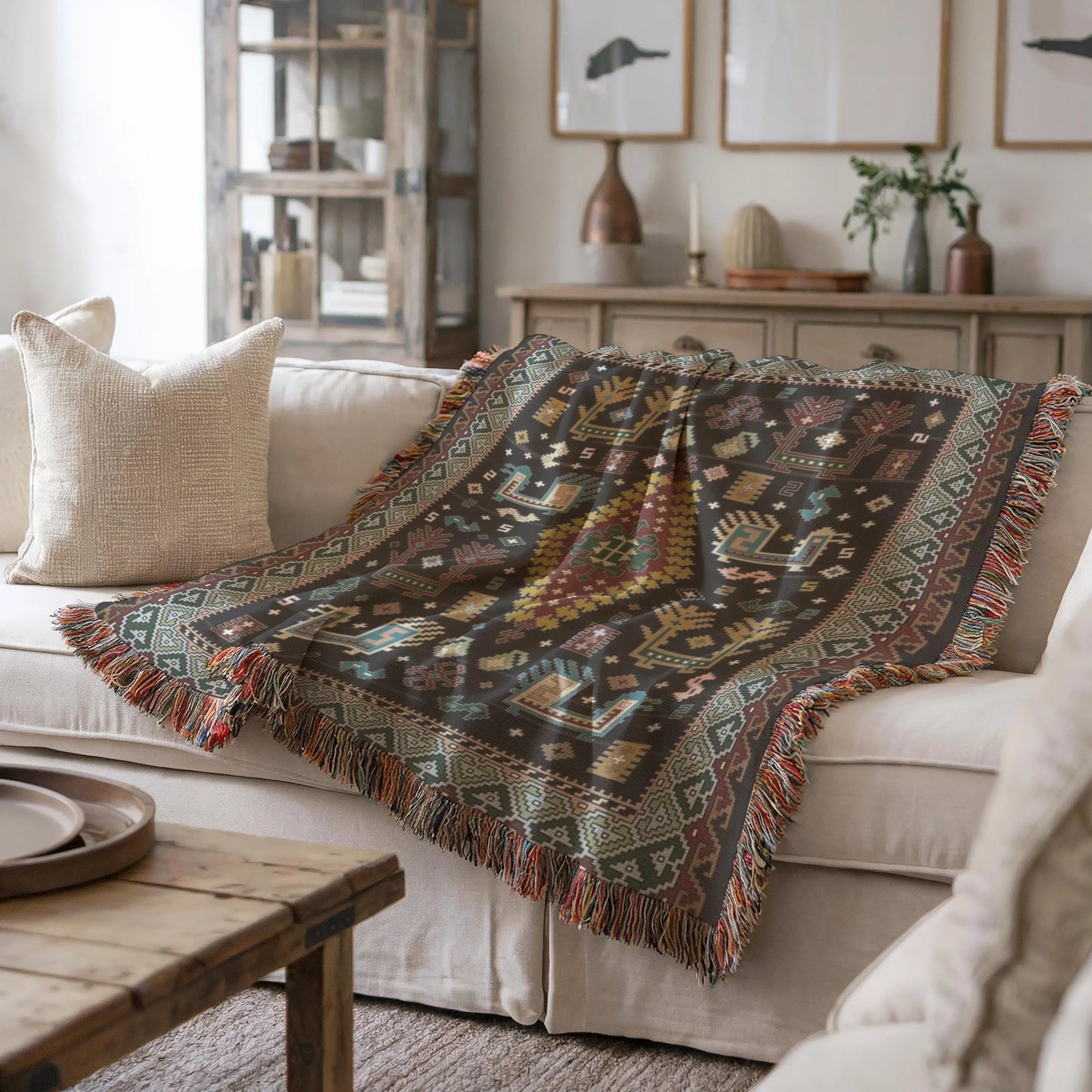 Bohemian Throw Blanket - Woven Cotton Caucasian Rug with Colorful Fringed Edges